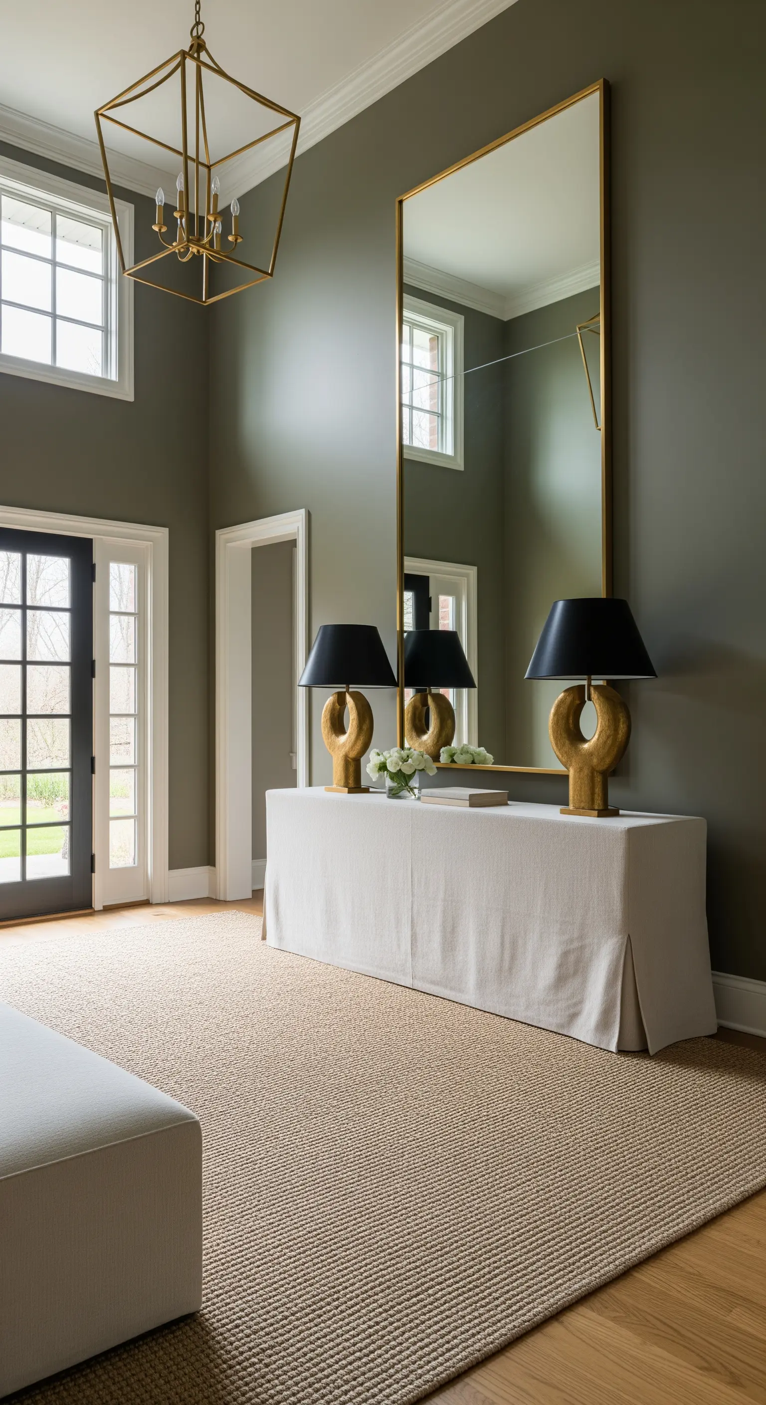 Ampio ingresso con pareti grigio talpa, specchio a tutta altezza appoggiato a terra e consolle con gonna.