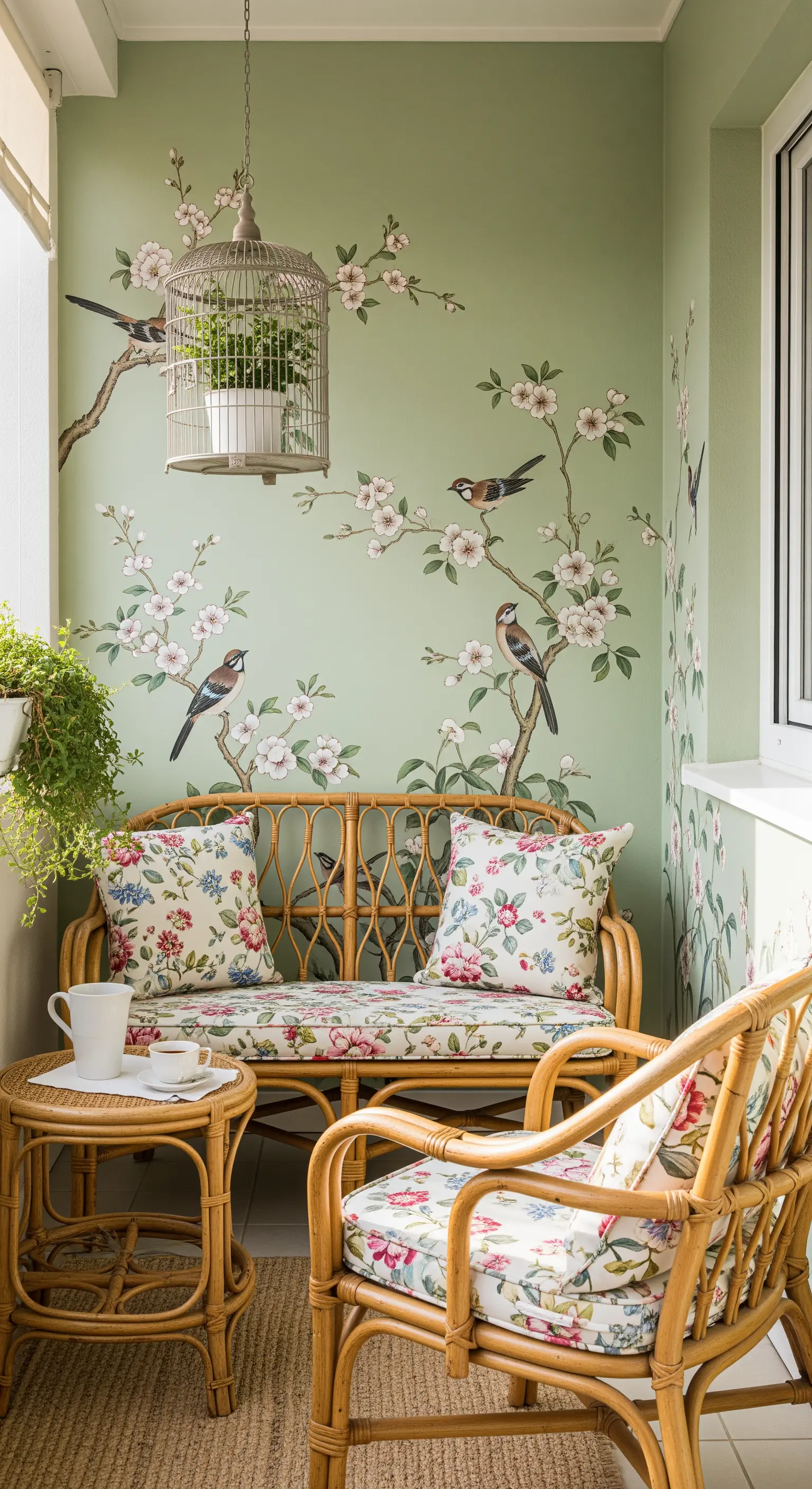 Balcone con murale in stile chinoiserie su parete verde salvia e arredi in rattan.