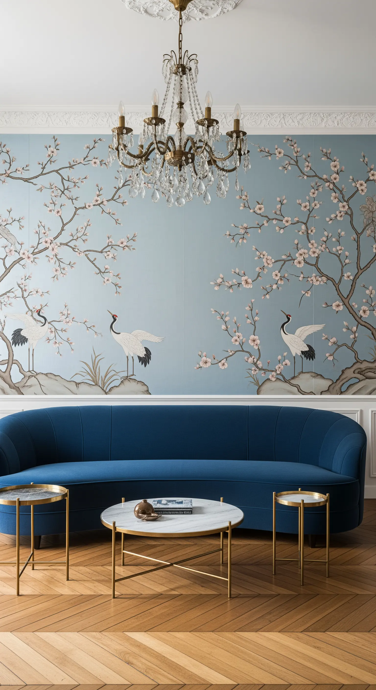 Salotto classico con murale Chinoiserie azzurro, divano curvo in velluto blu e lampadario di cristallo.