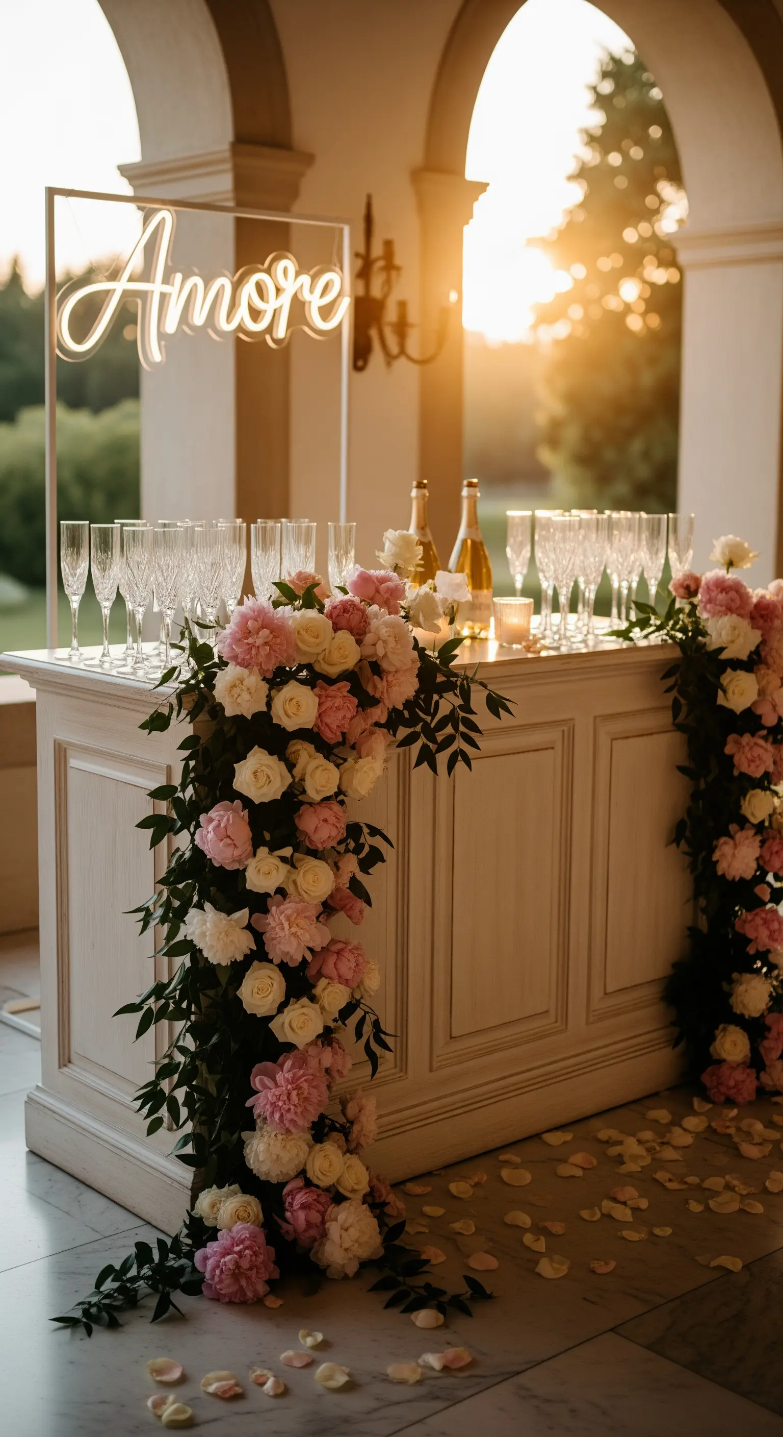 Angolo prosecco con bancone bianco, ghirlande di rose e peonie e insegna 