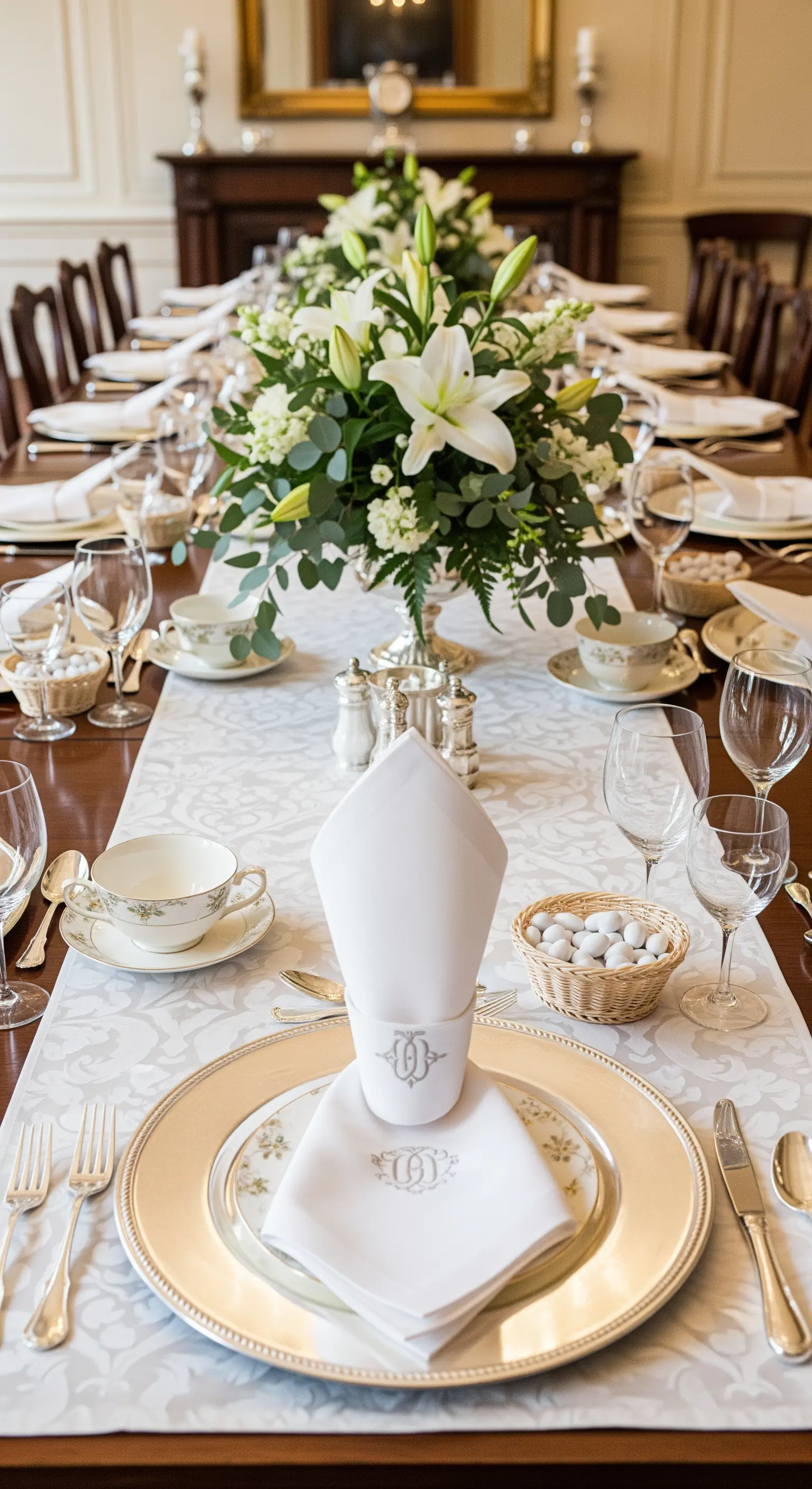 Tavola formale ed elegante con runner damascato, argenteria e gigli bianchi.