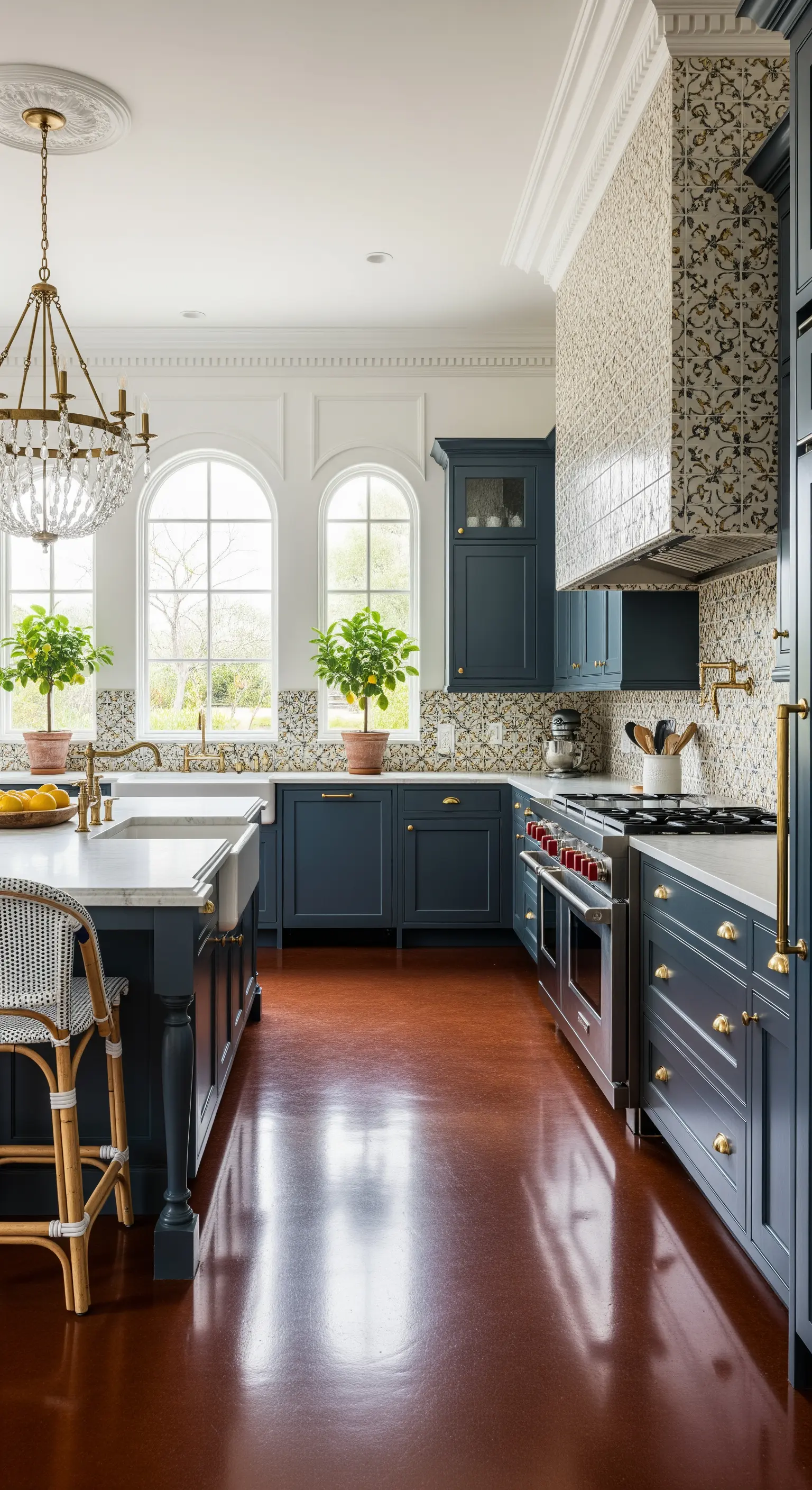 Cucina elegante con mobili blu scuro, paraschizzi decorato e dettagli in ottone.