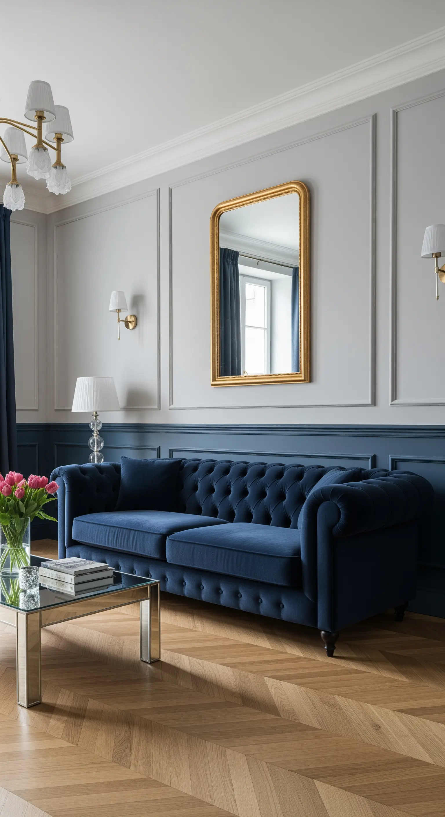 Divano Chesterfield blu davanti a una parete con boiserie bicolore, blu navy e grigio chiaro.