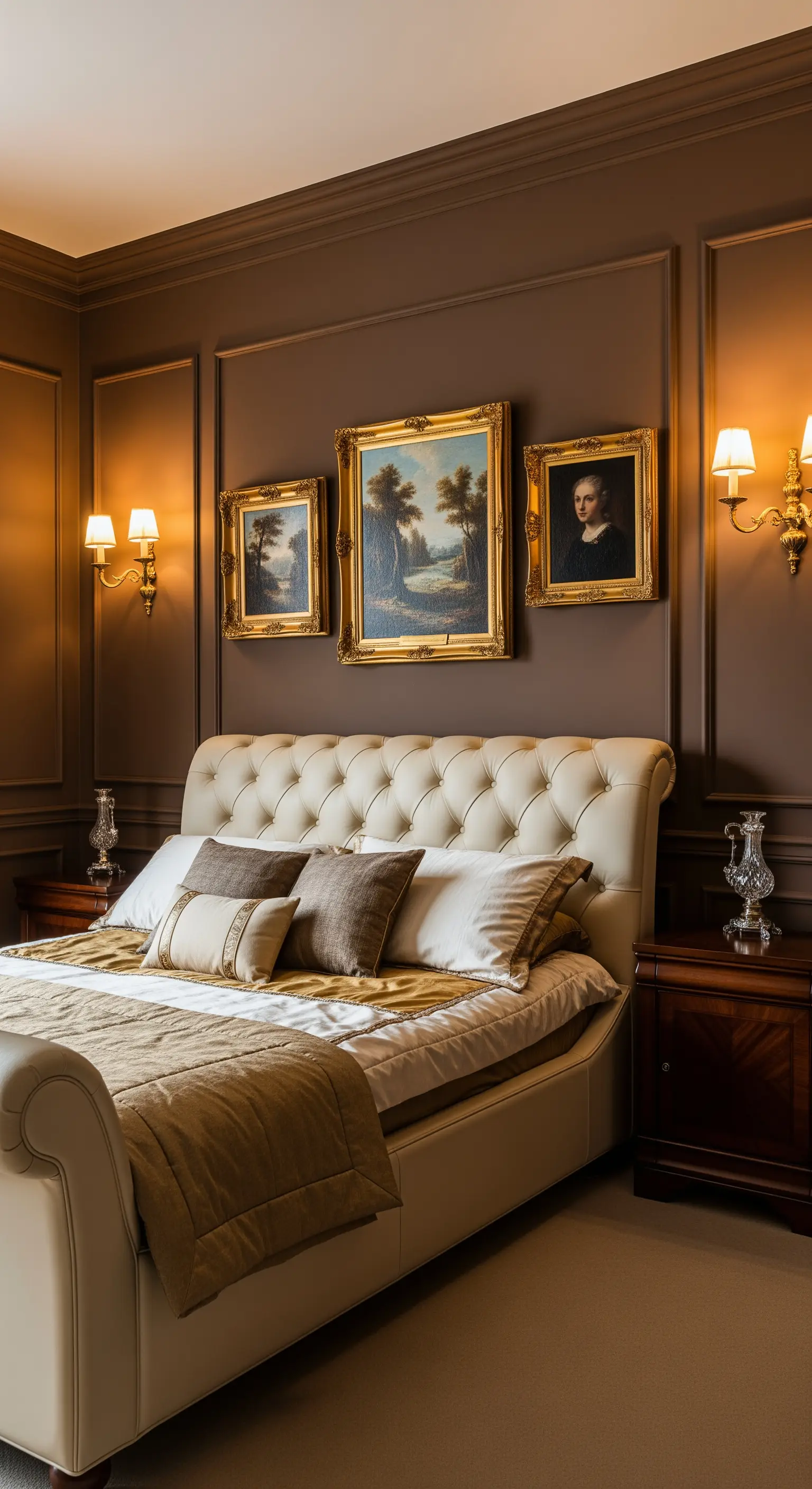 Camera da letto classica con pareti marroni, boiserie e letto capitonné color crema.