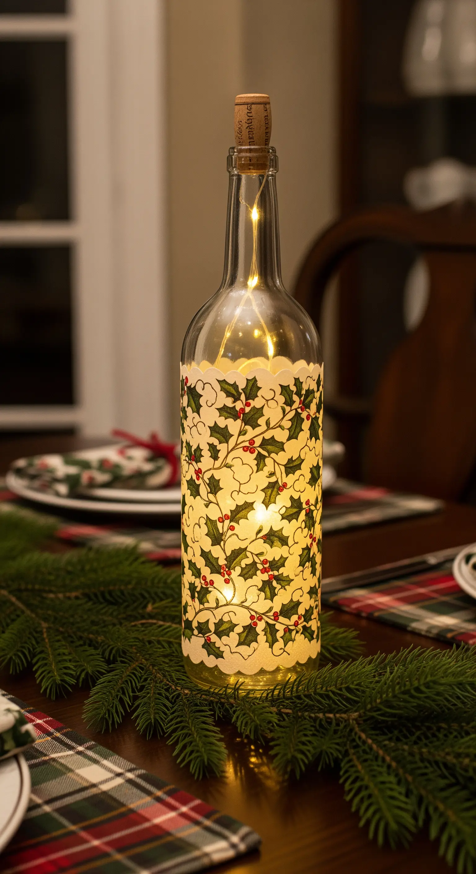 Bottiglia di vino decorata con carta a tema agrifoglio e illuminata da lucine calde.