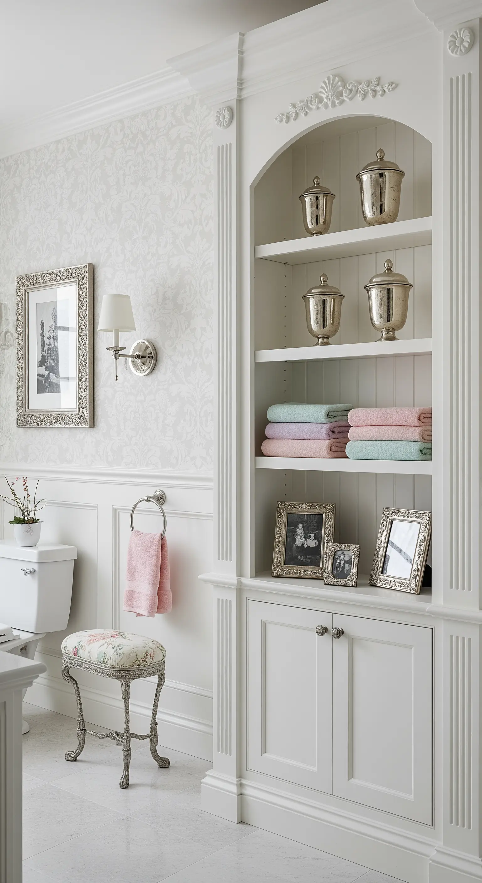 Libreria bianca in stile classico con modanature, oggetti d'argento e asciugamani color pastello.