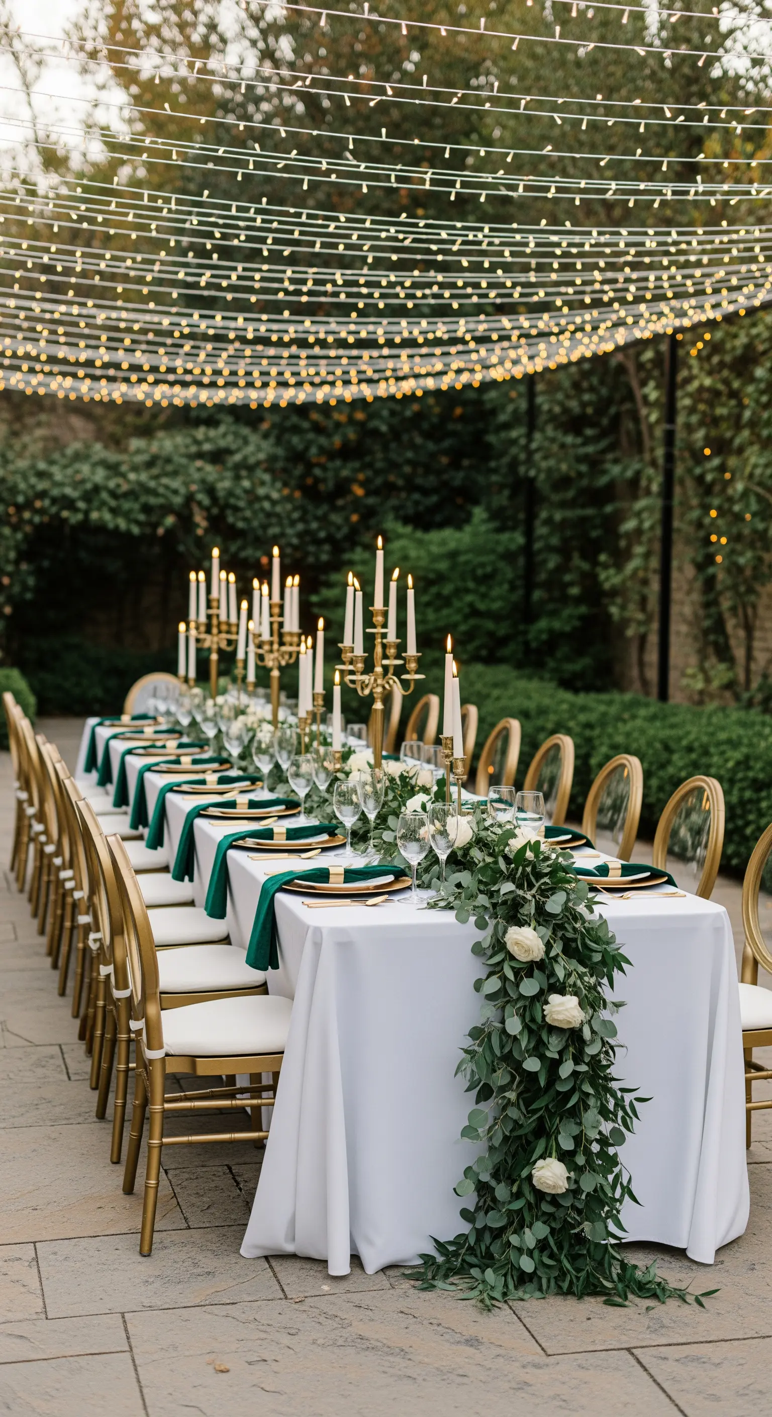 Tavolo imperiale con sedie dorate, runner di eucalipto e alti candelabri dorati.