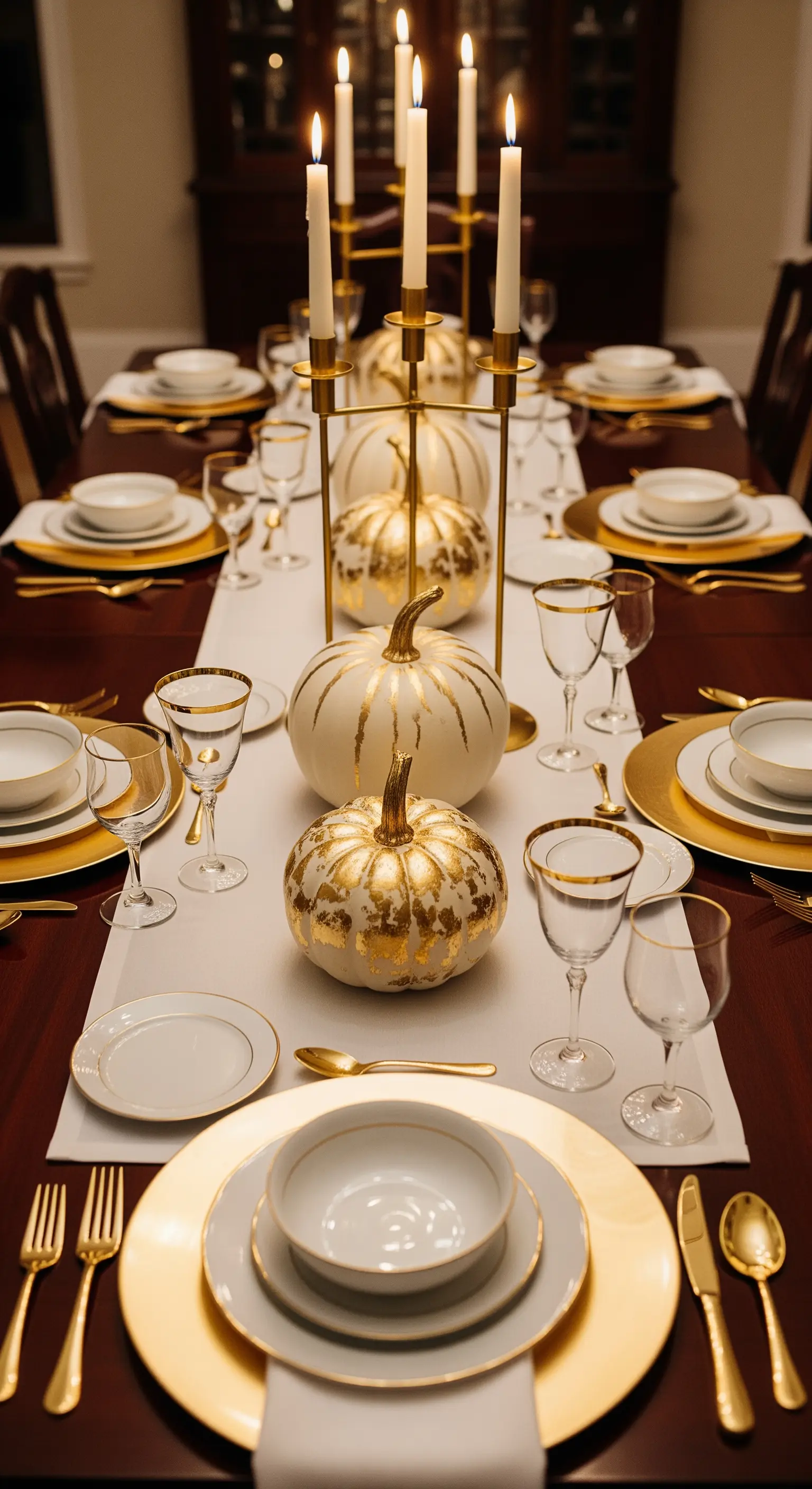 Tavola di Halloween formale con candelabro dorato e zucche bianche decorate in foglia d'oro.