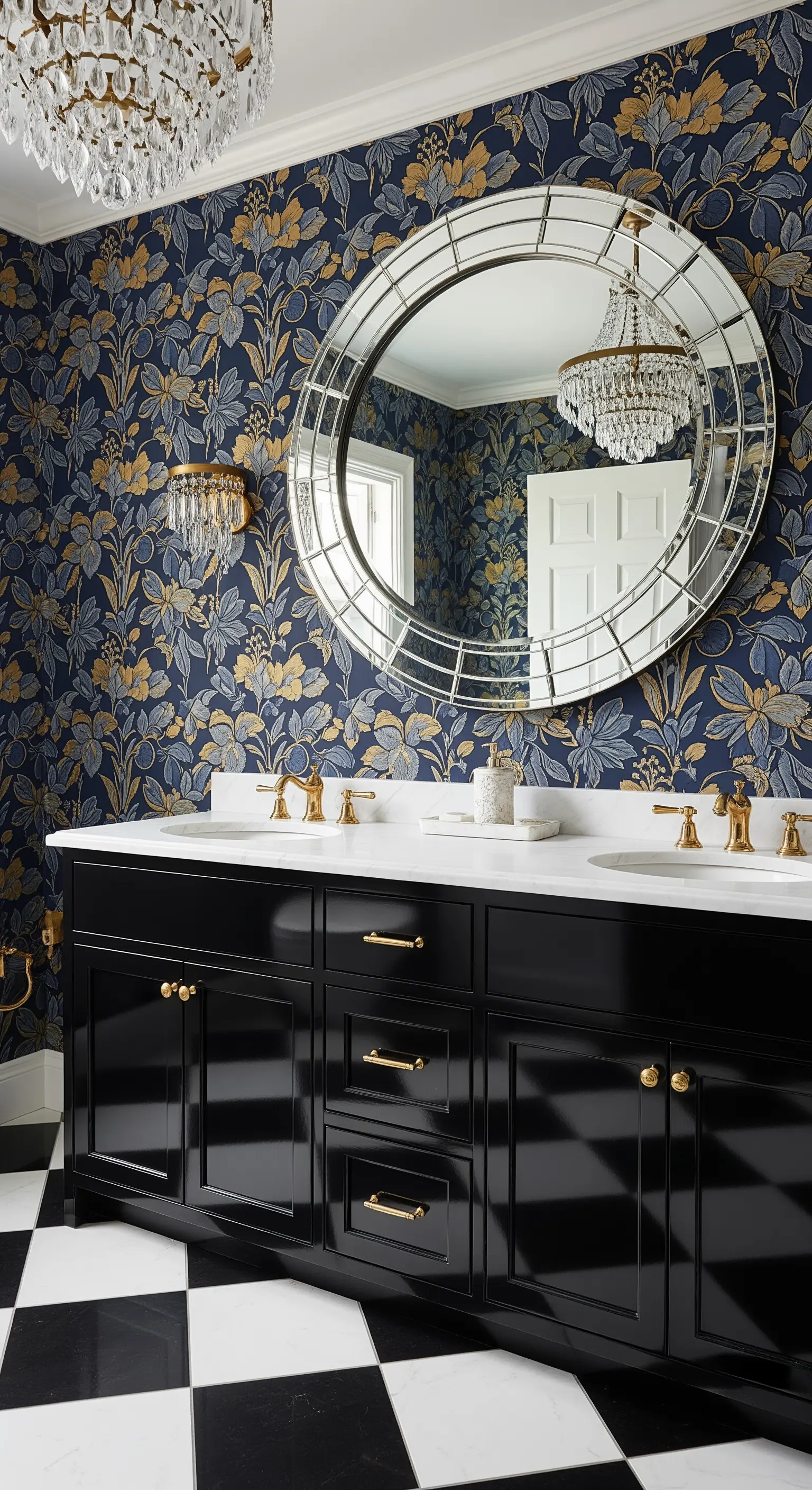 Bagno con carta da parati blu e oro, mobile nero laccato e pavimento a scacchi.