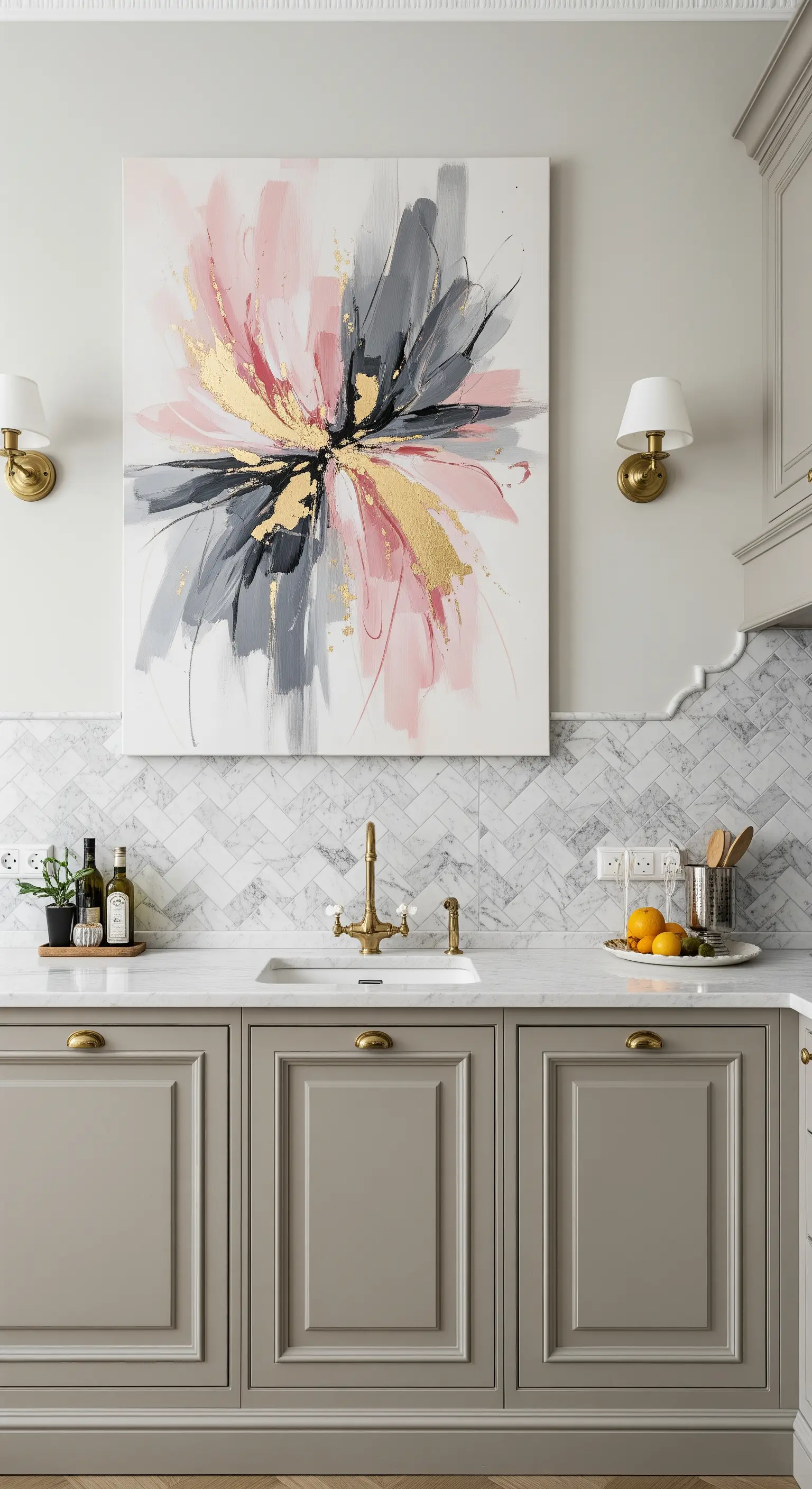 Cucina classica grigia con paraschizzi in marmo e un quadro astratto con tocchi dorati.