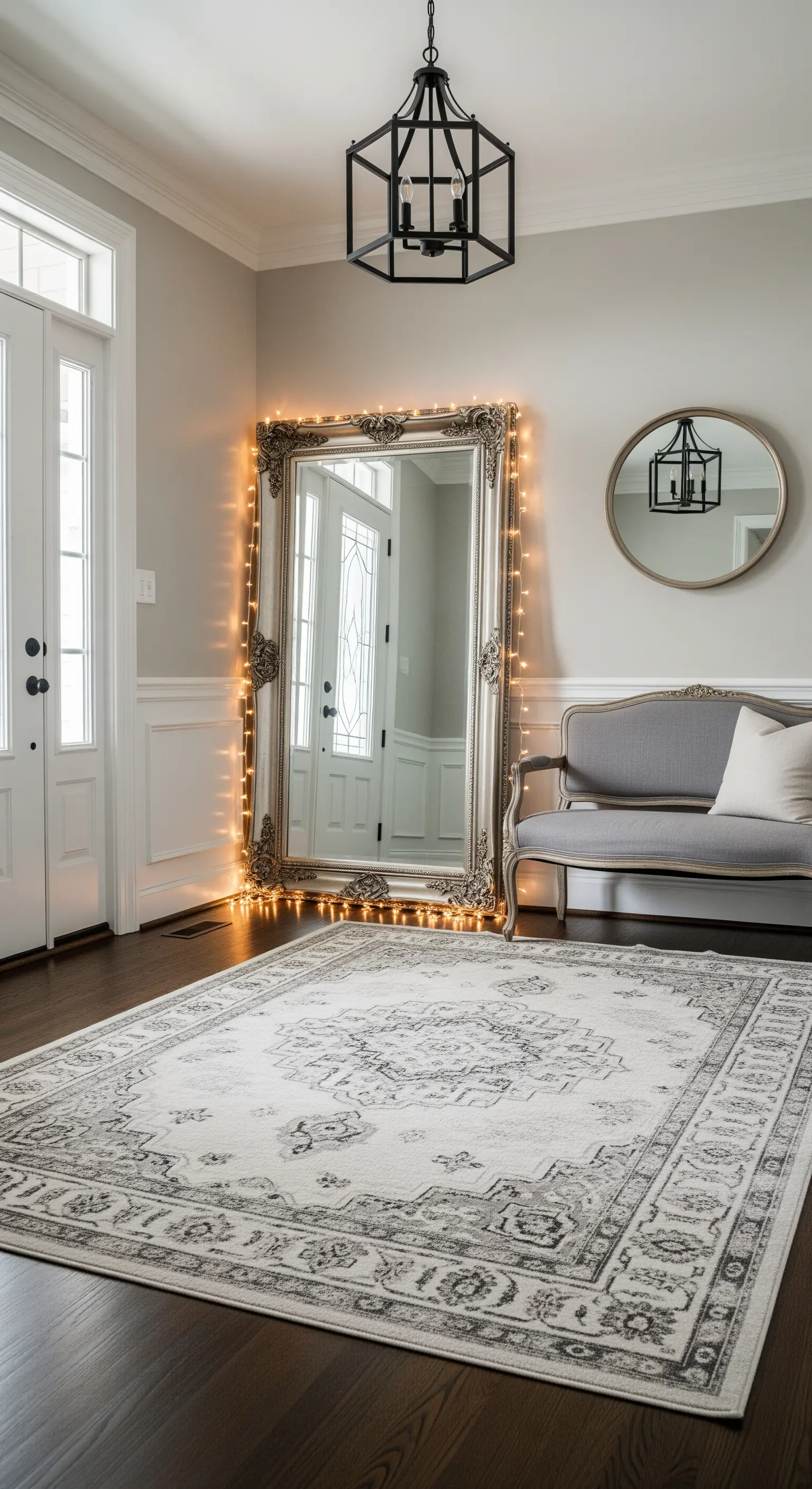 Ingresso classico con grande specchio barocco appoggiato a terra e incorniciato da lucine.