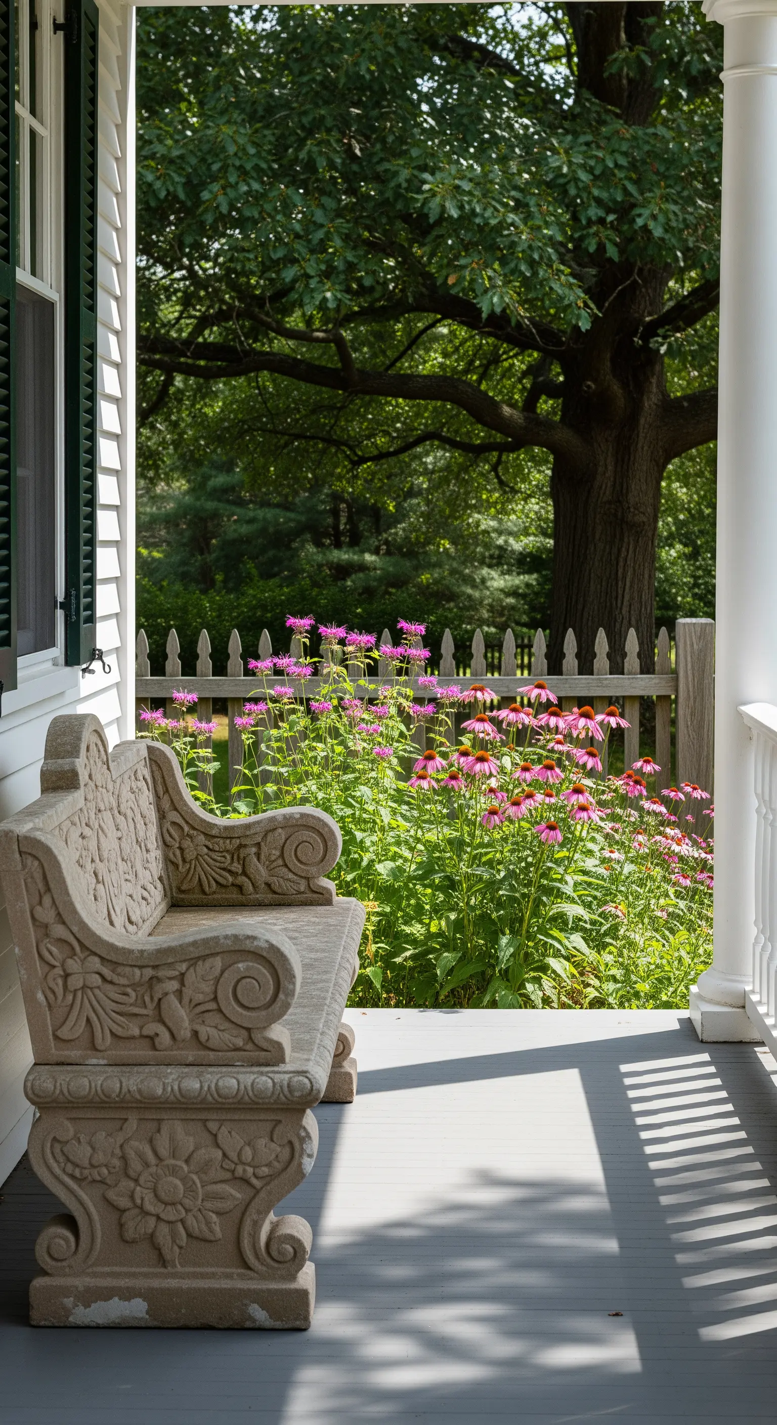 Portico classico con panca in pietra scolpita e un giardino di echinacea fiorita.
