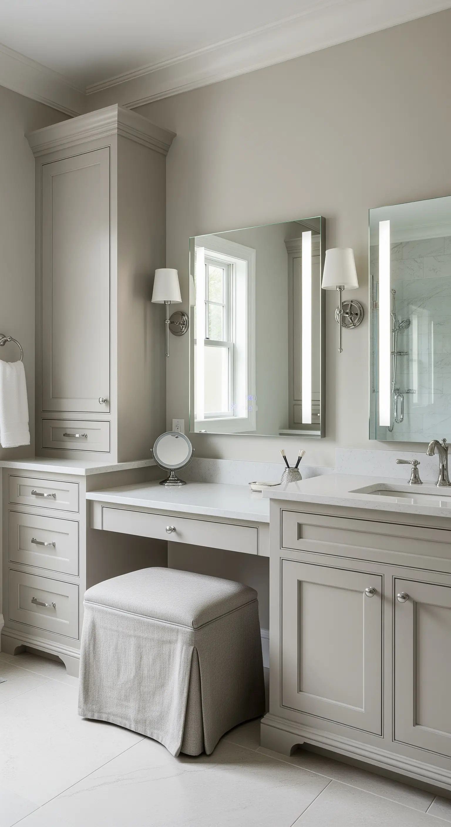 Postazione trucco classica con mobili grigi, top in marmo e pouf rivestito in tessuto.