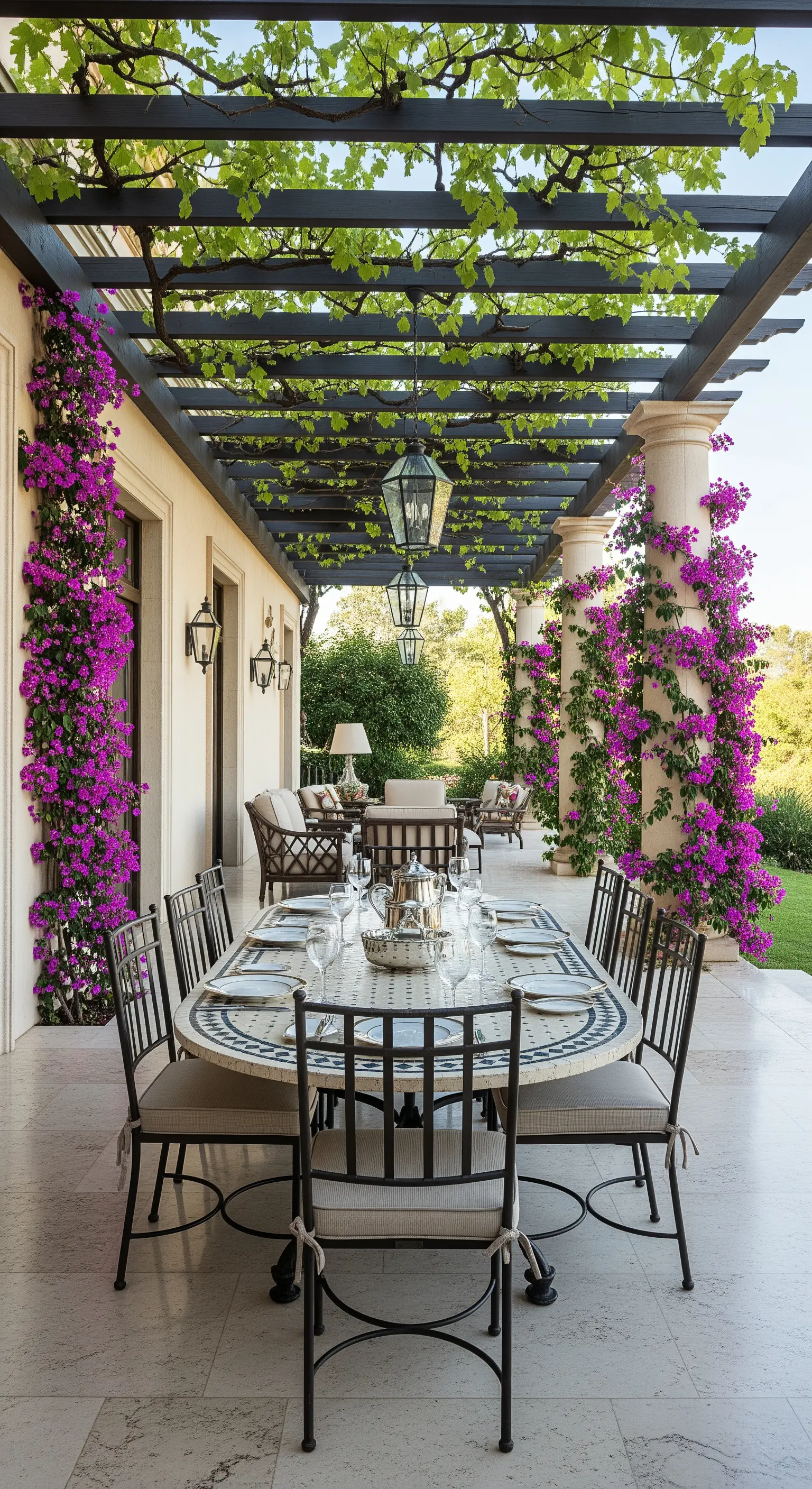 Patio formale con colonne, pergolato scuro e un lungo tavolo da pranzo in mosaico.