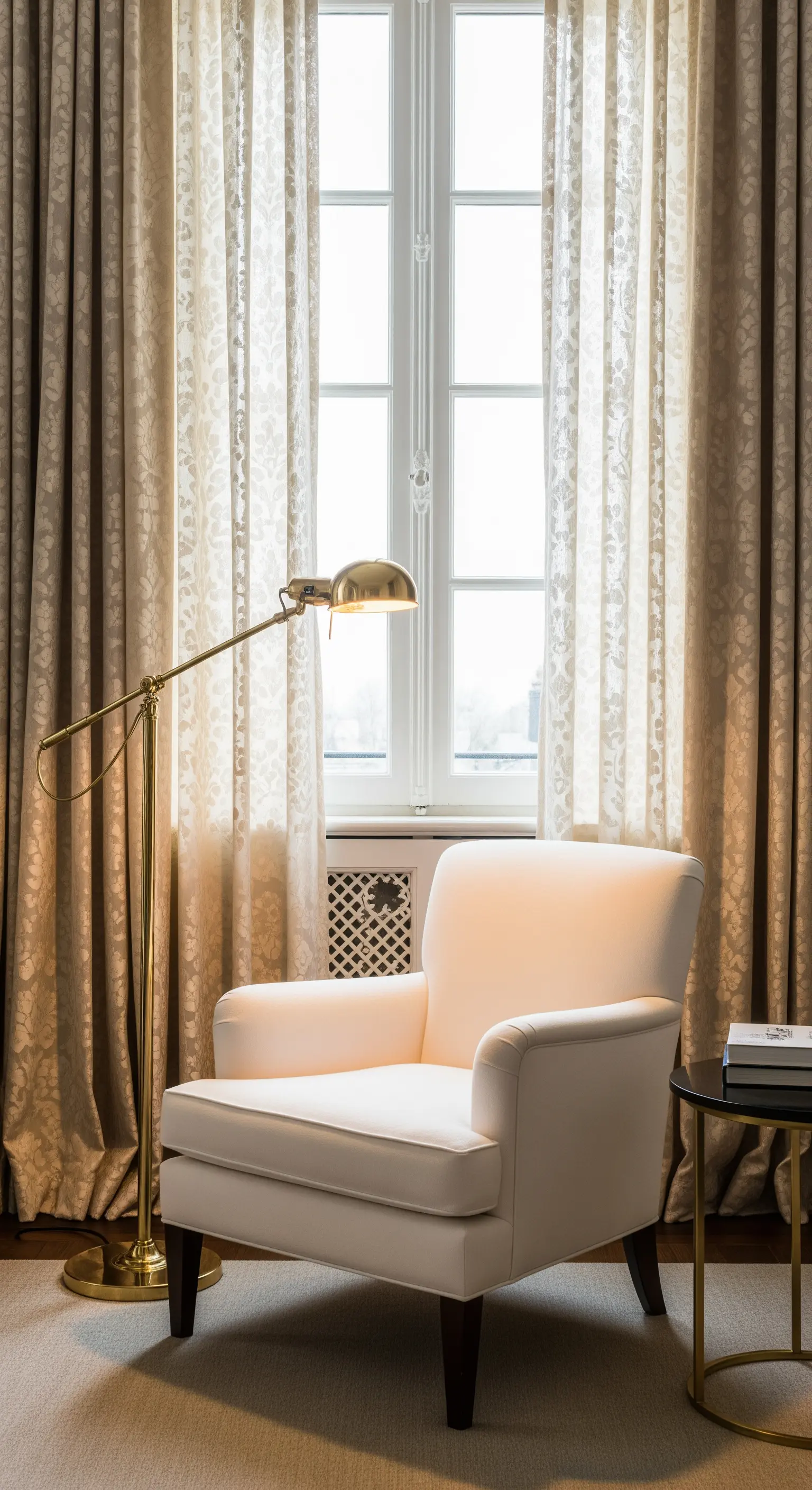Poltrona bianca classica con lampada da terra in ottone e tende damascate.