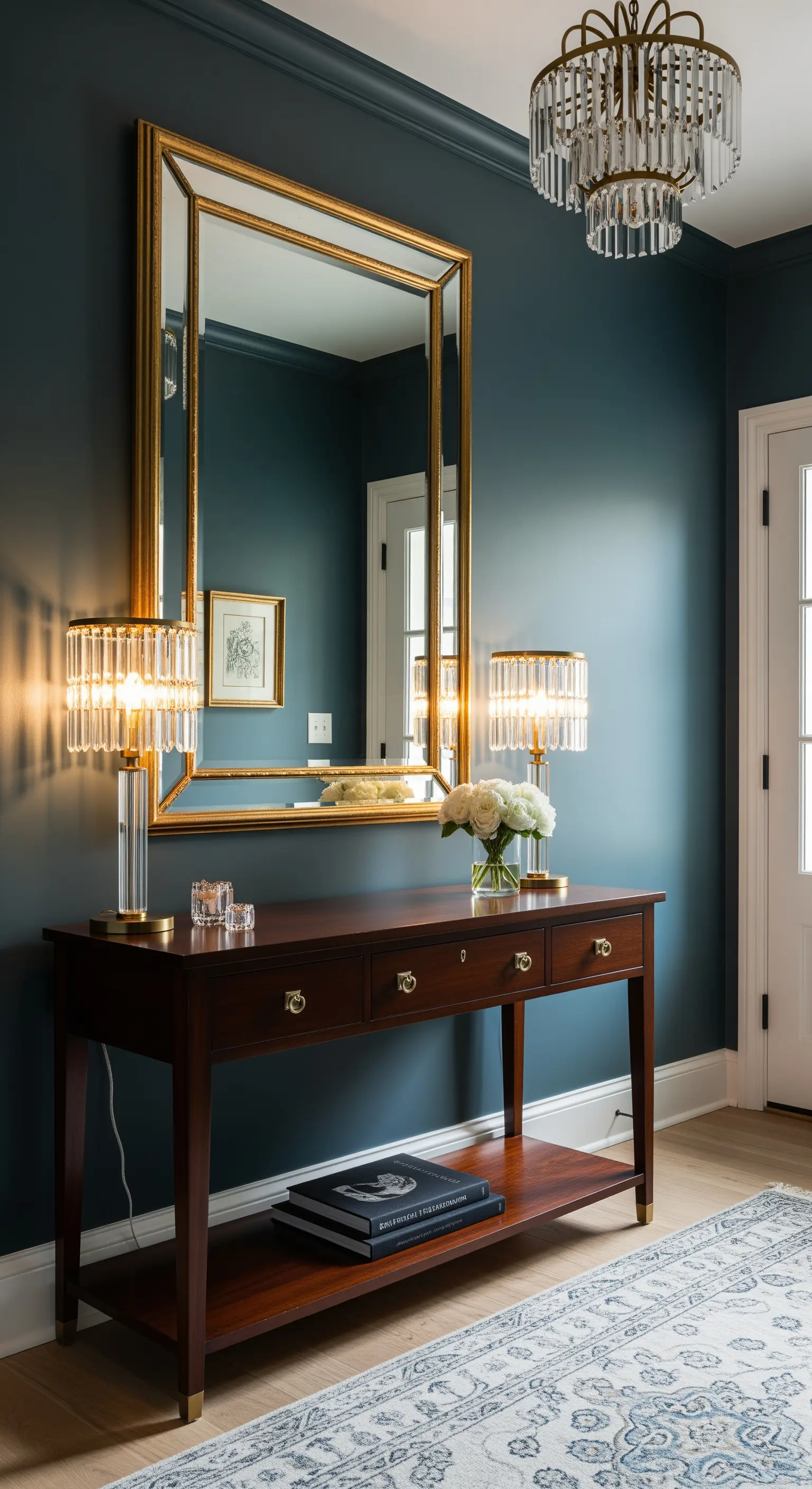 Ingresso blu-verde con grande specchio dorato, consolle in legno e lampade da tavolo.
