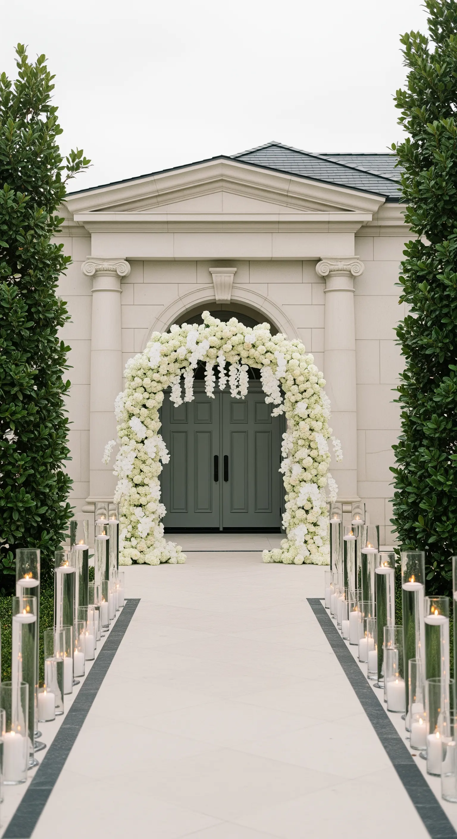 Sontuoso arco di fiori bianchi davanti a un edificio classico, con un sentiero di candele in vasi alti.