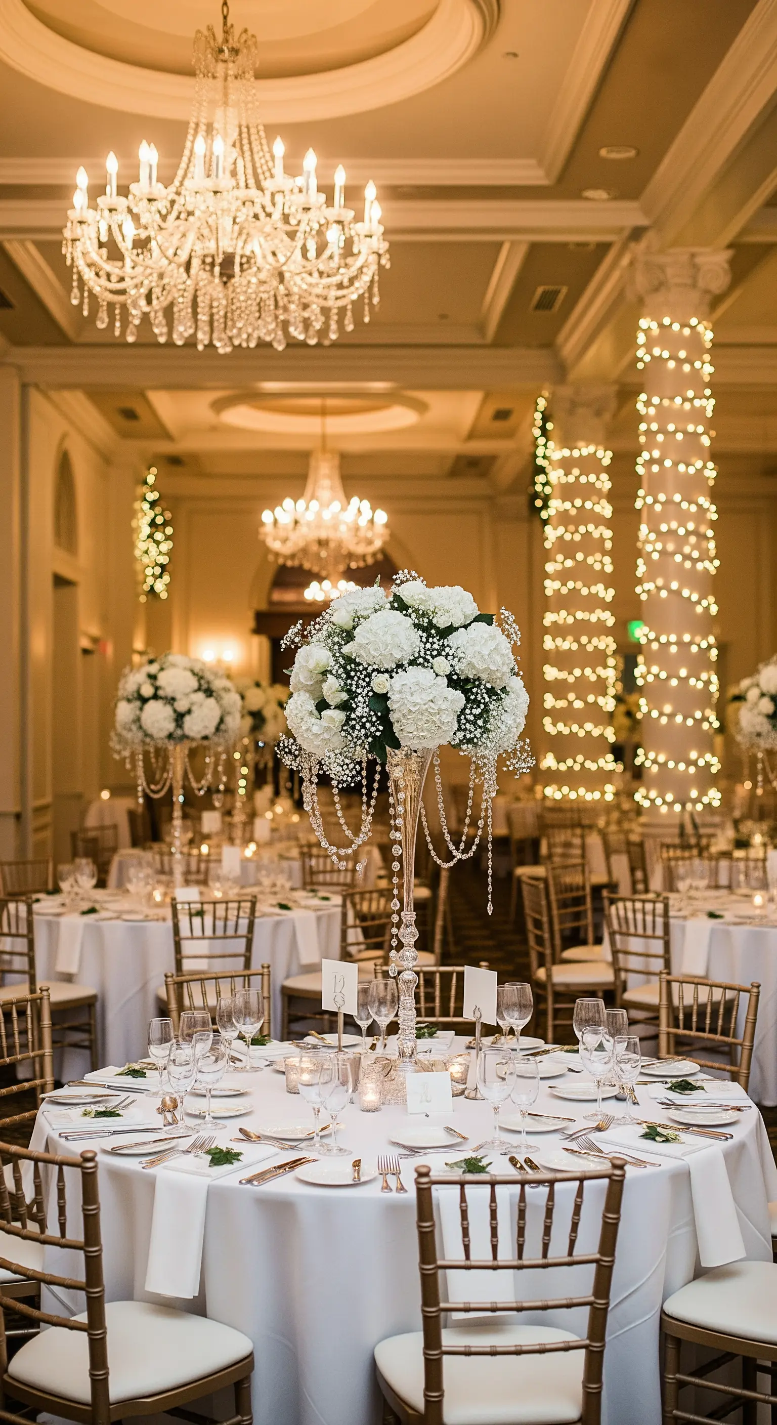 Sala da ballo elegante con colonne avvolte in lucine e tavoli rotondi.
