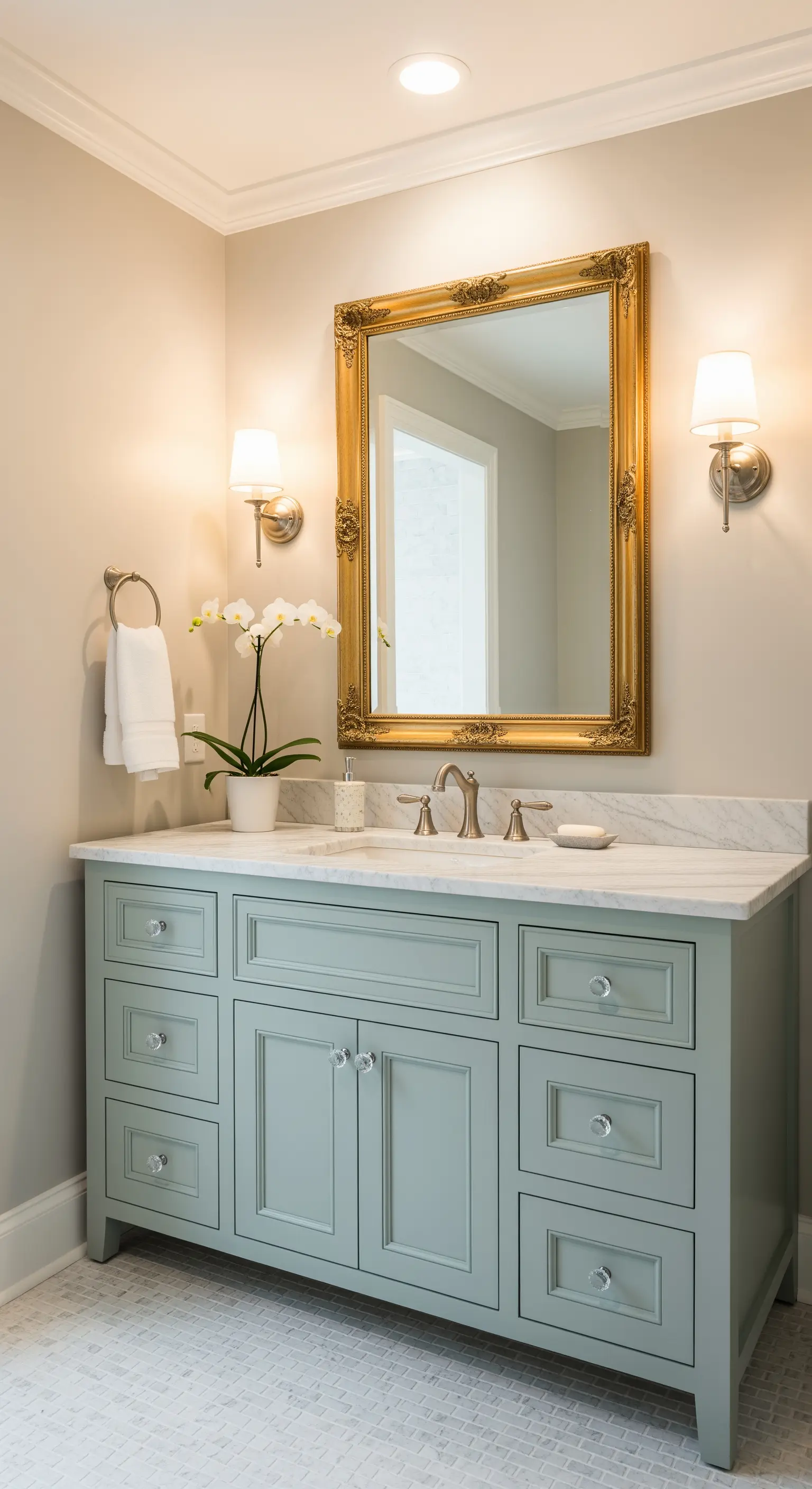 Mobile da bagno classico dipinto di verde salvia con specchiera dorata.