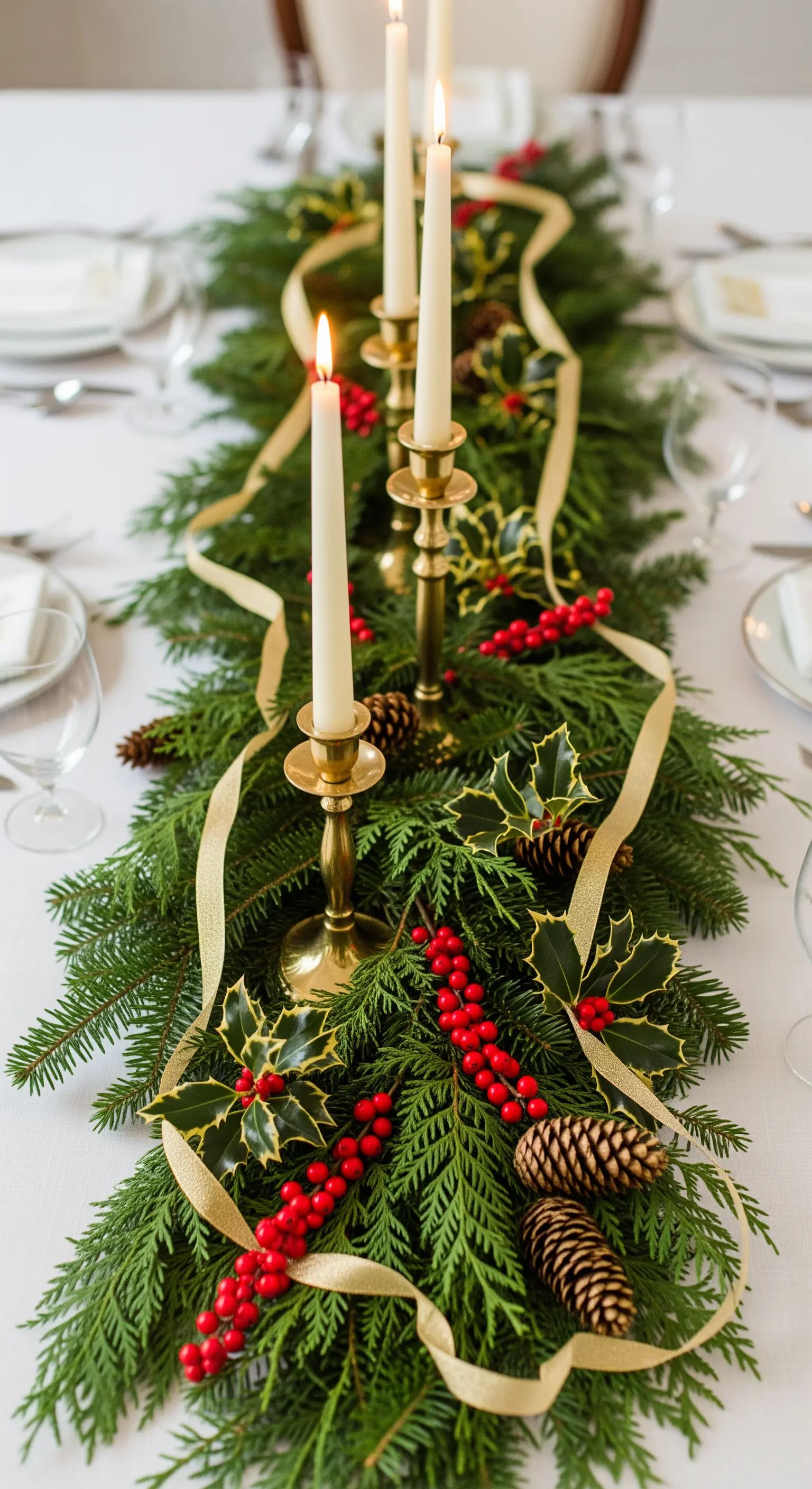 Centrotavola natalizio classico con runner di pino, agrifoglio, bacche rosse e candele dorate.