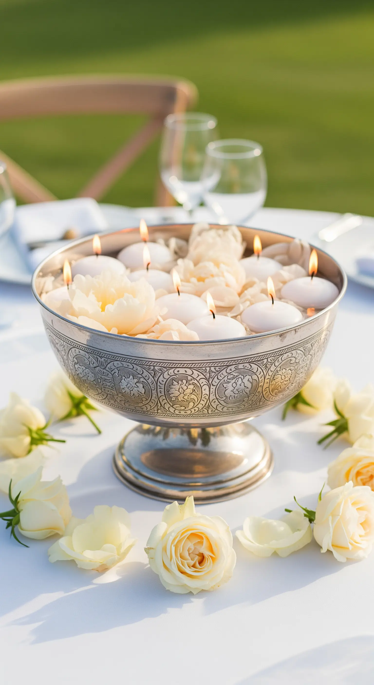 Coppa in argento cesellato con peonie bianche, petali e candele galleggianti.
