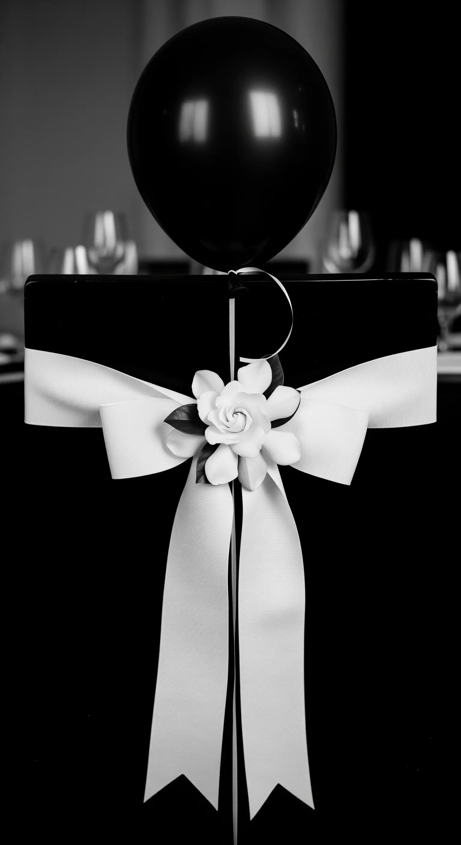 Panca nera con un grande fiocco bianco e un fiore bianco al centro.