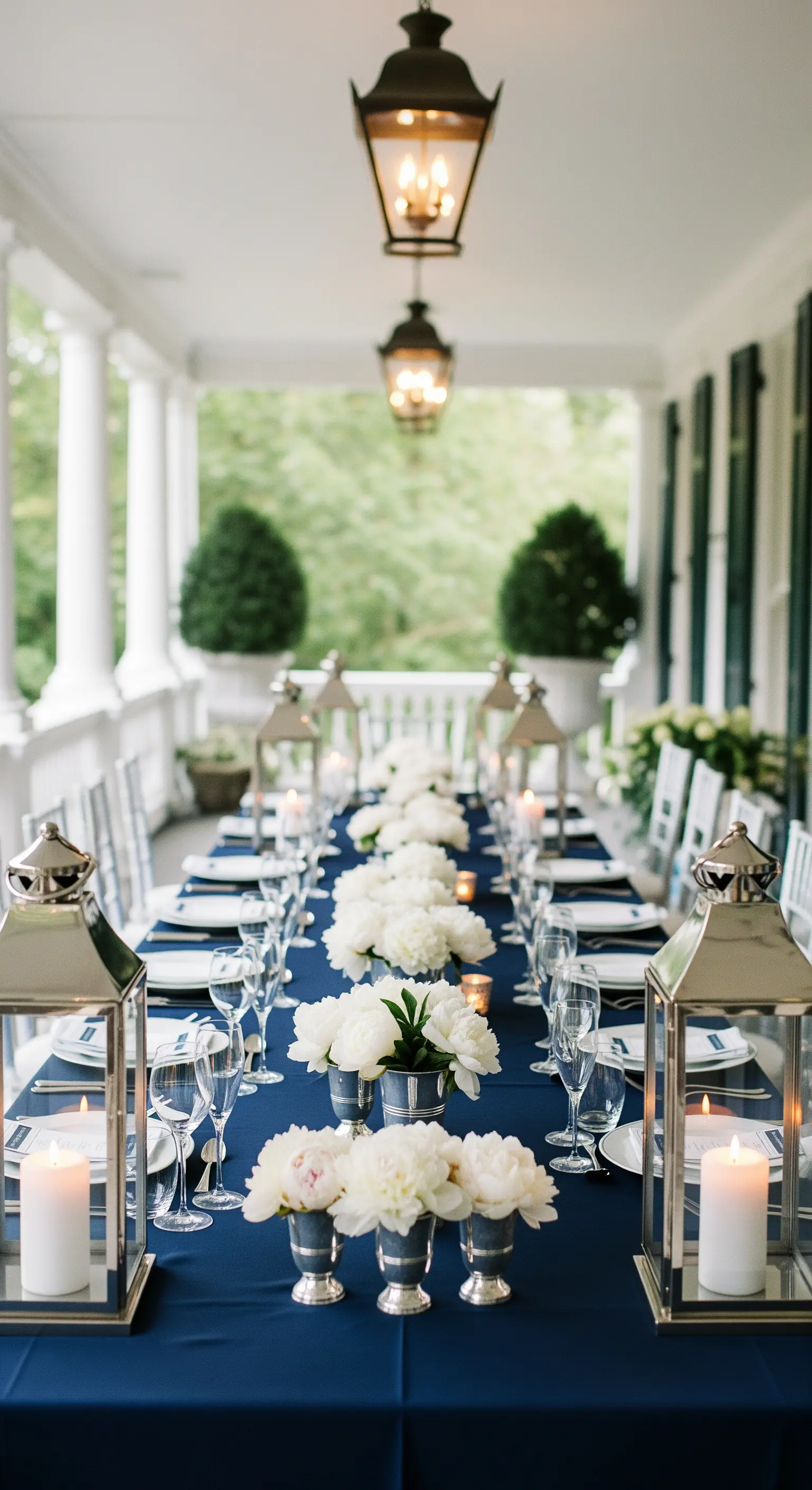 Lunga tavolata su un portico con tovaglia blu, peonie bianche e grandi lanterne d'argento.
