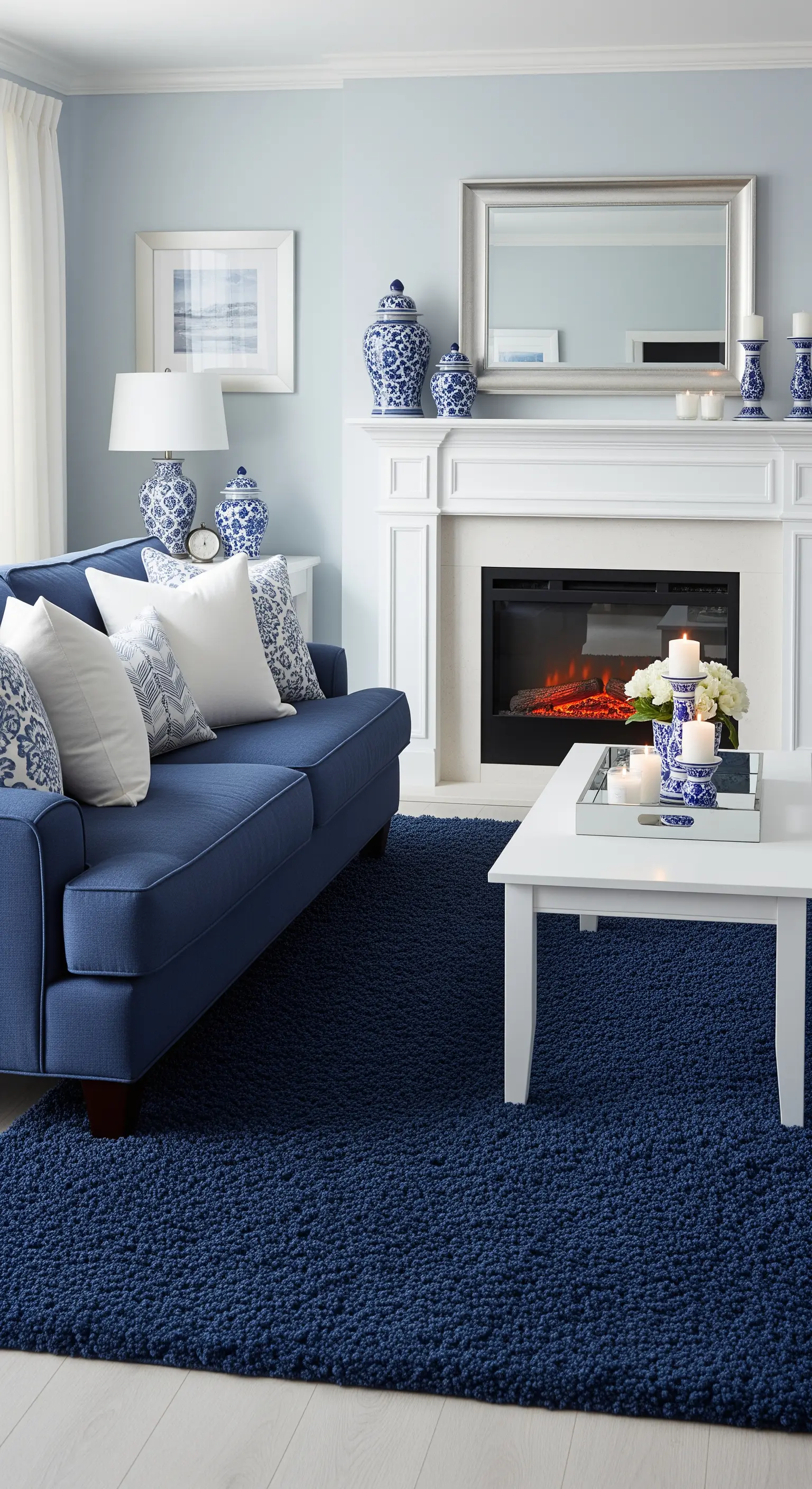 Soggiorno classico con divano blu, camino bianco e decorazioni in porcellana.