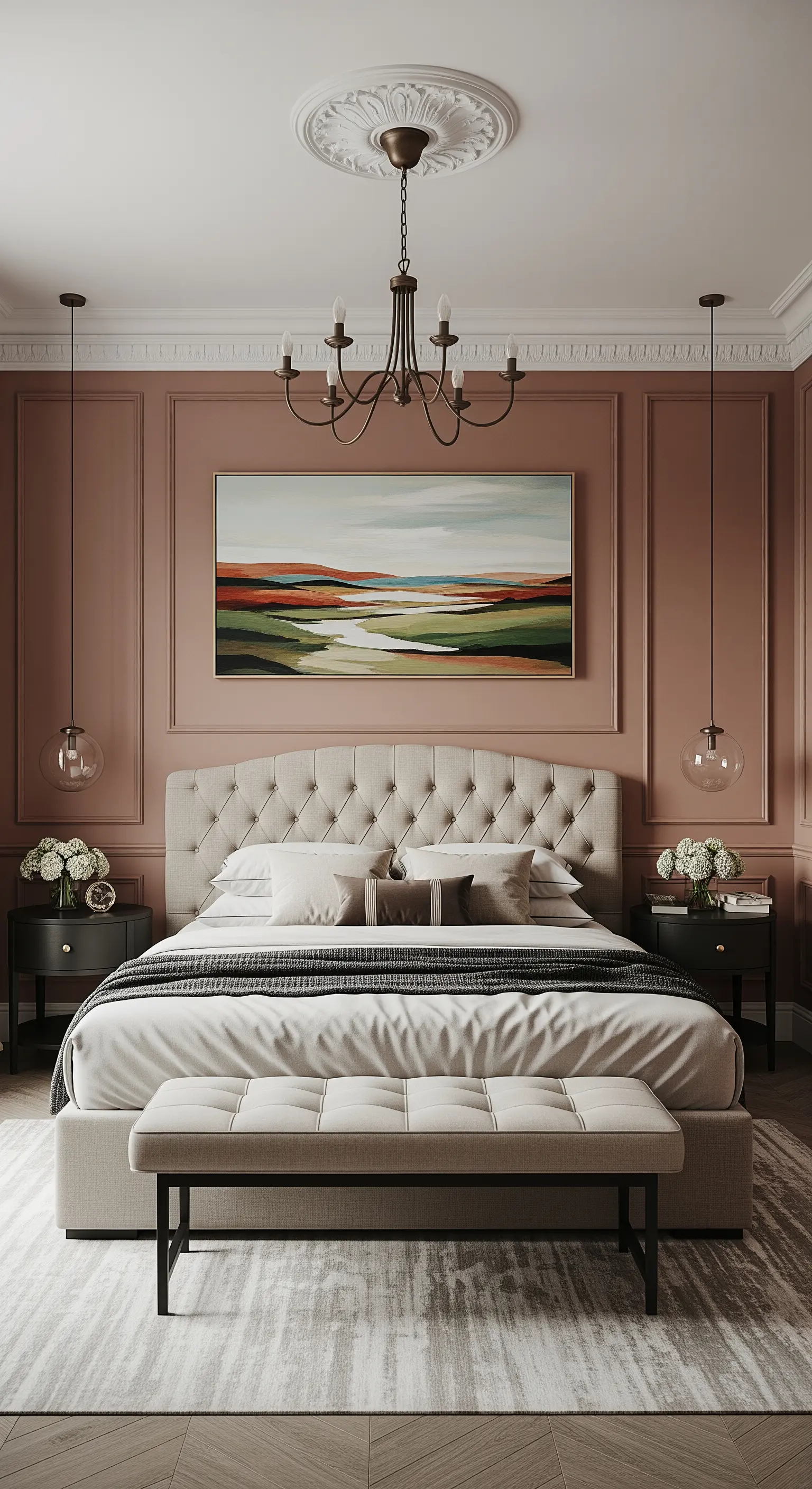 Camera da letto elegante con pareti rosa terracotta, boiserie e letto con testiera capitonné.