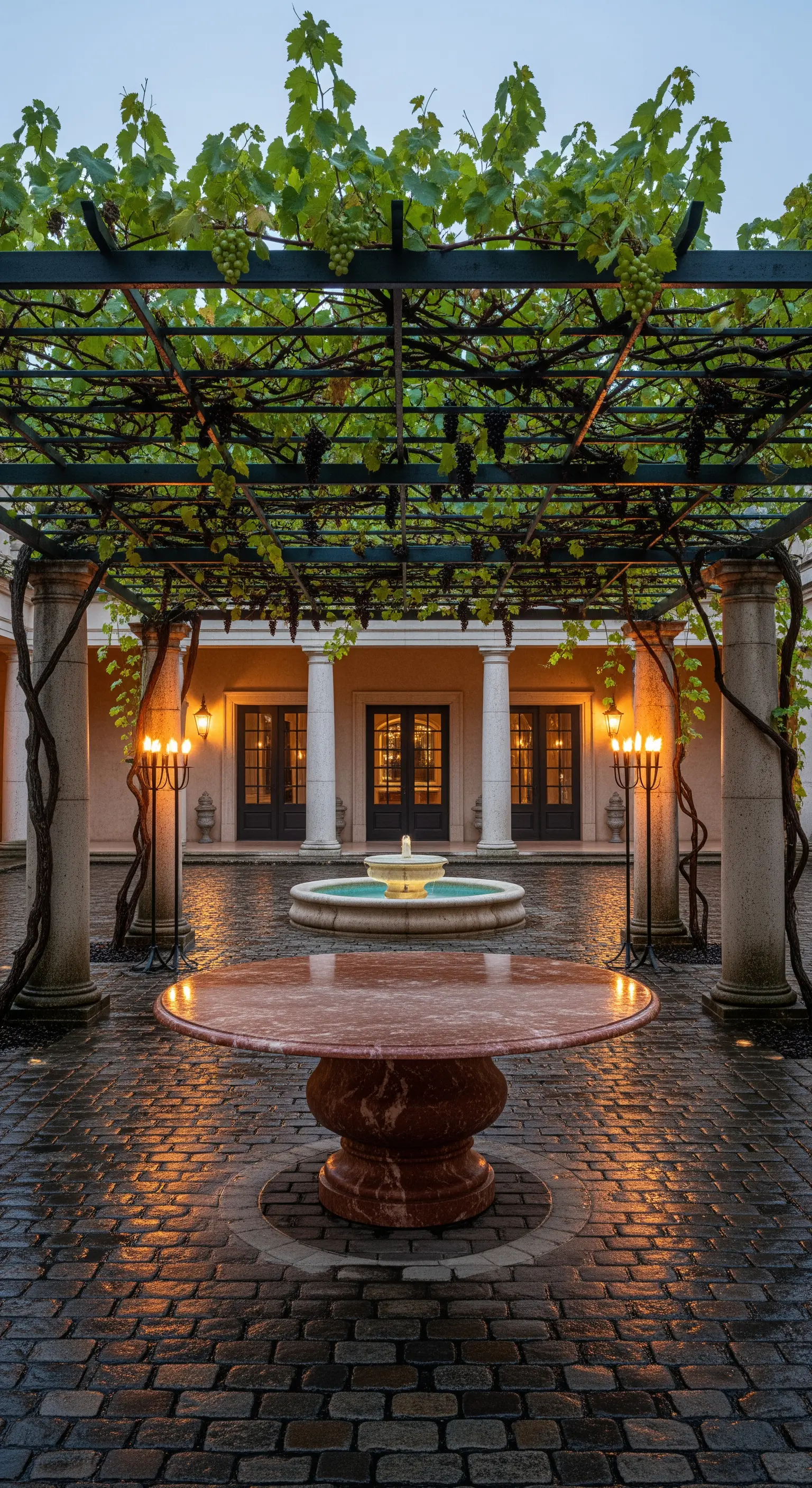Cortile con colonne in pietra, pergolato di vite e un imponente tavolo rotondo in marmo.