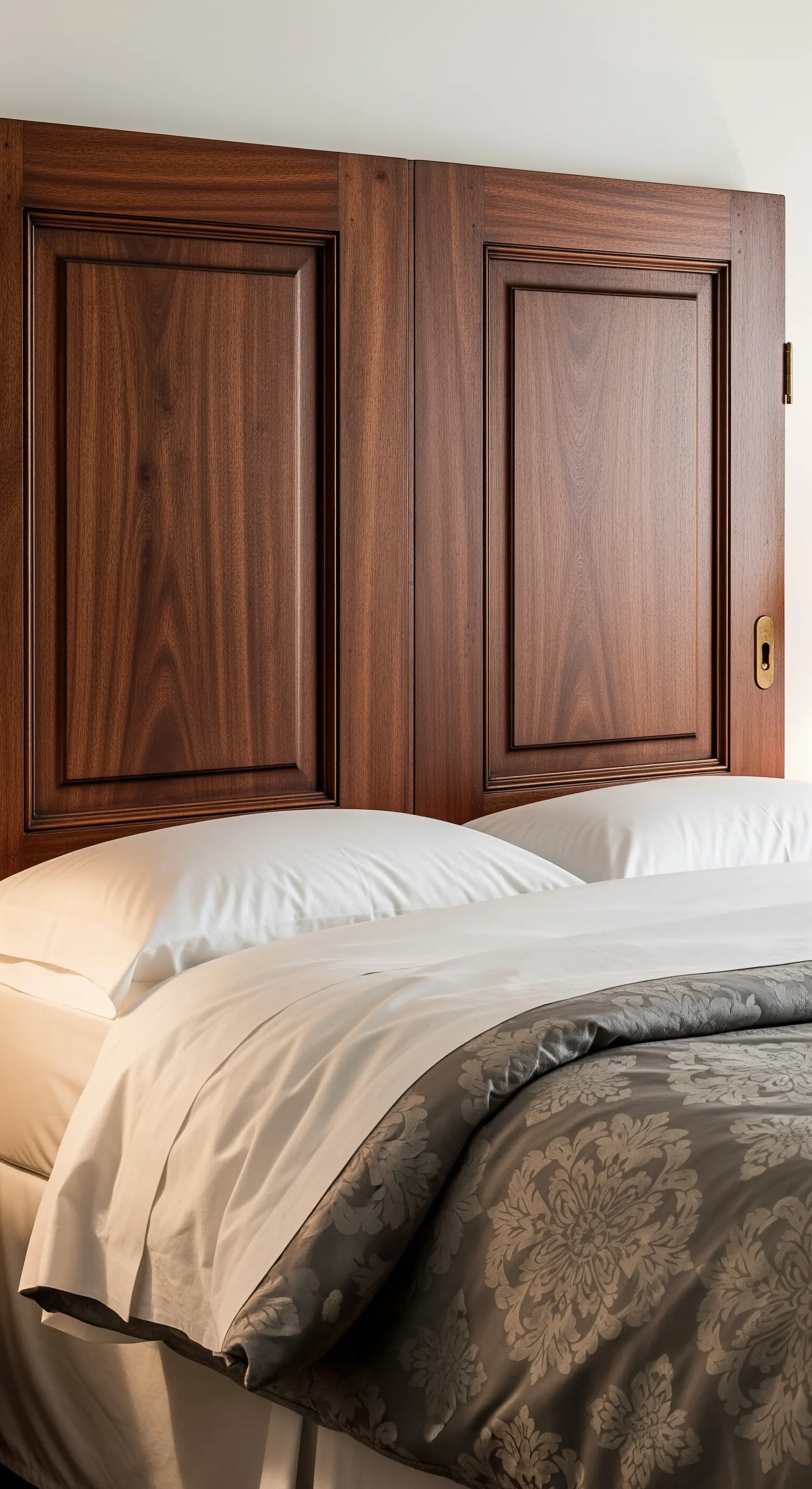 Testiera elegante realizzata con due ante in legno di noce scuro ben conservato.