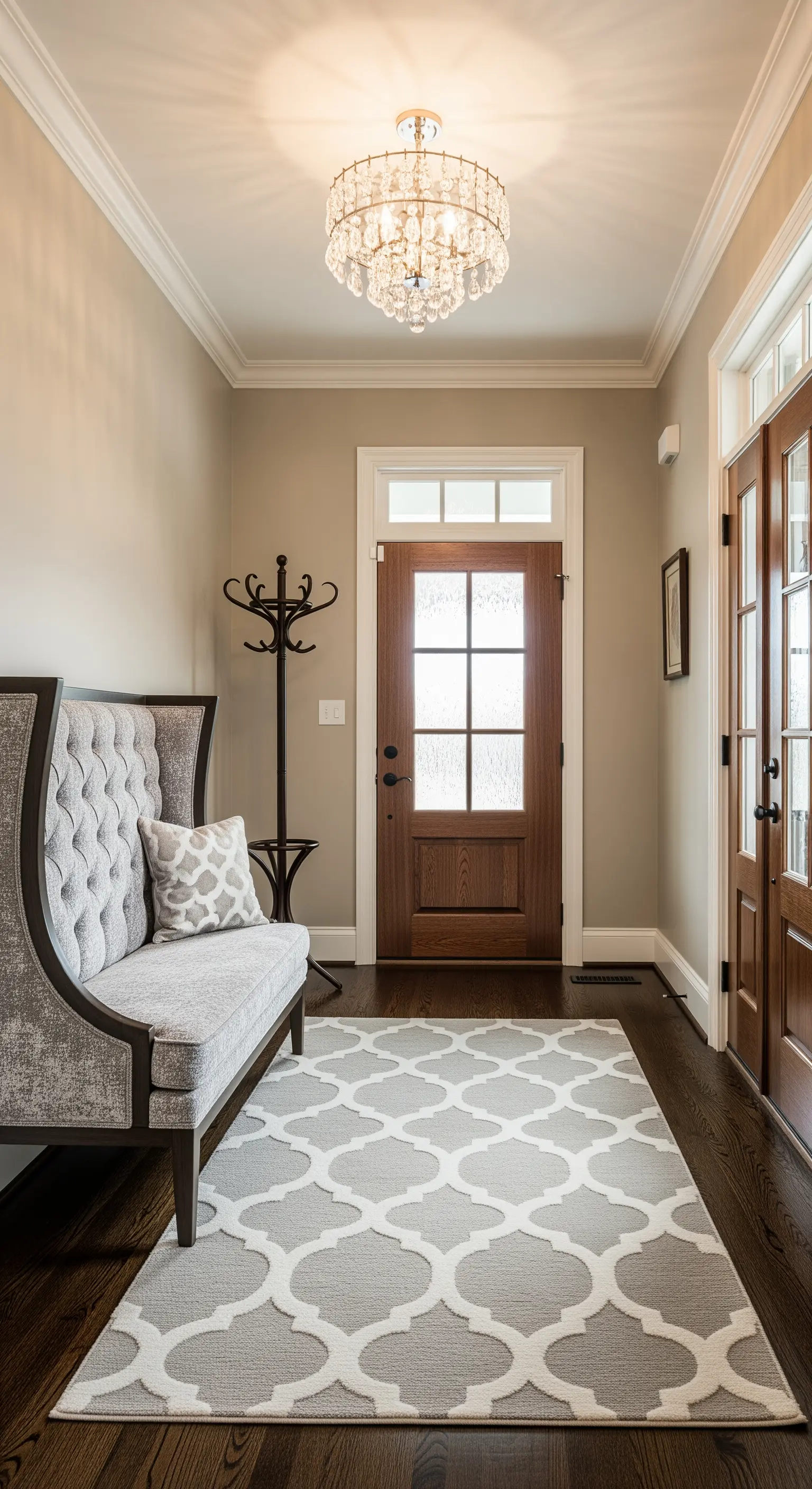 Ingresso tradizionale con panca grigia capitonné con schienale alto e lampadario di cristallo.