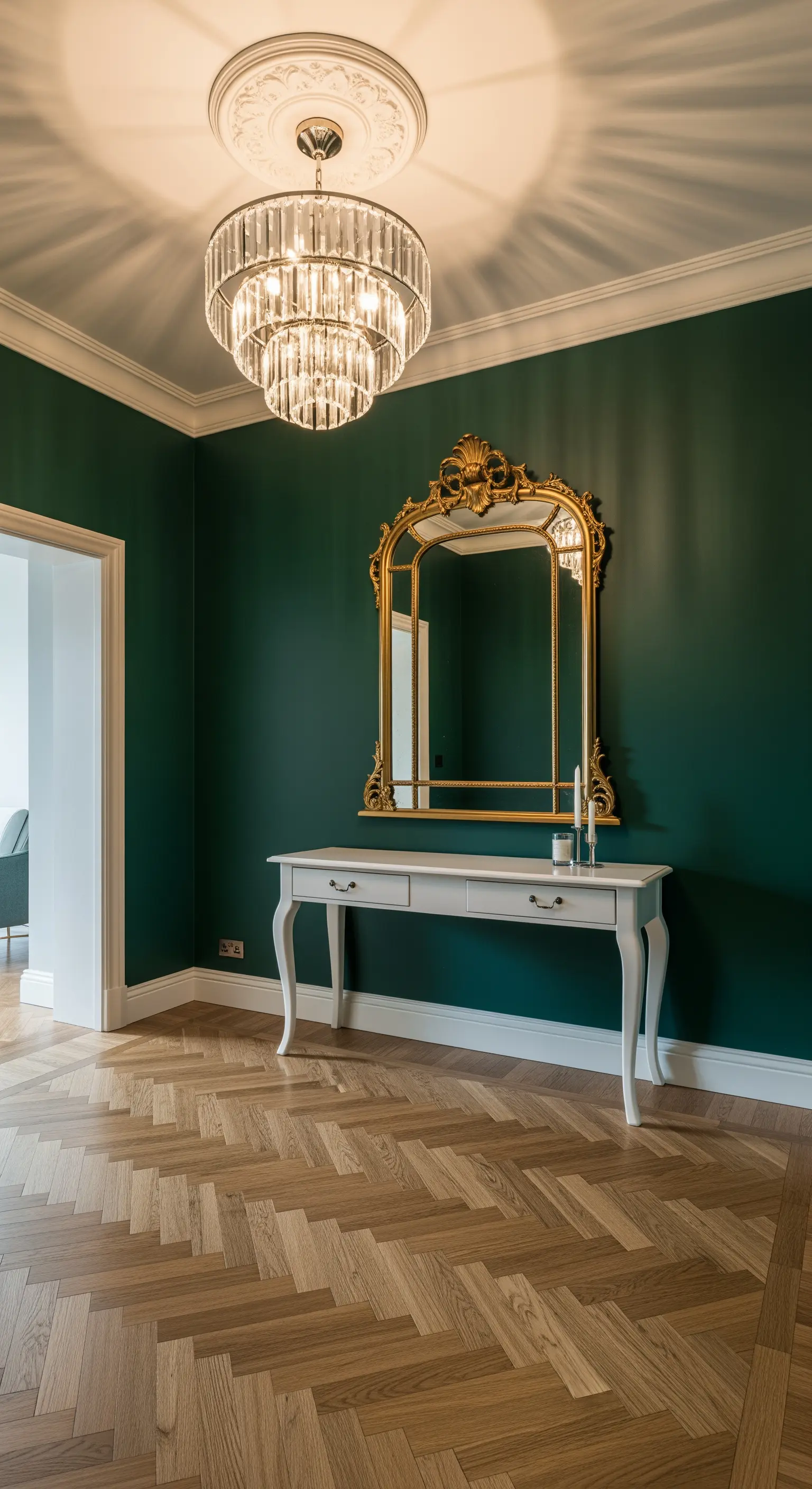 Ingresso con pareti verde scuro, specchio dorato ornato e consolle bianca classica.