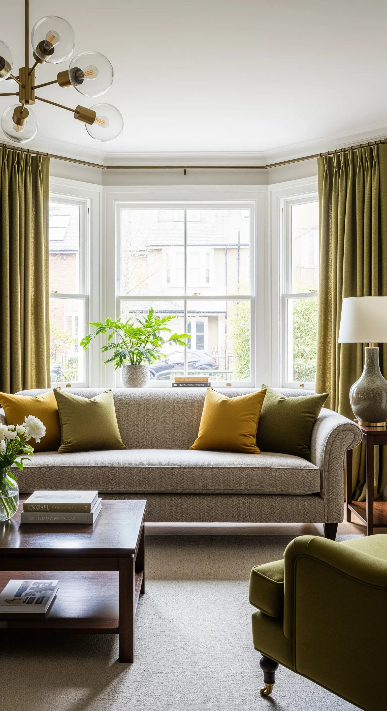 Soggiorno classico con tende verde oliva che incorniciano una bay window e cuscini coordinati.