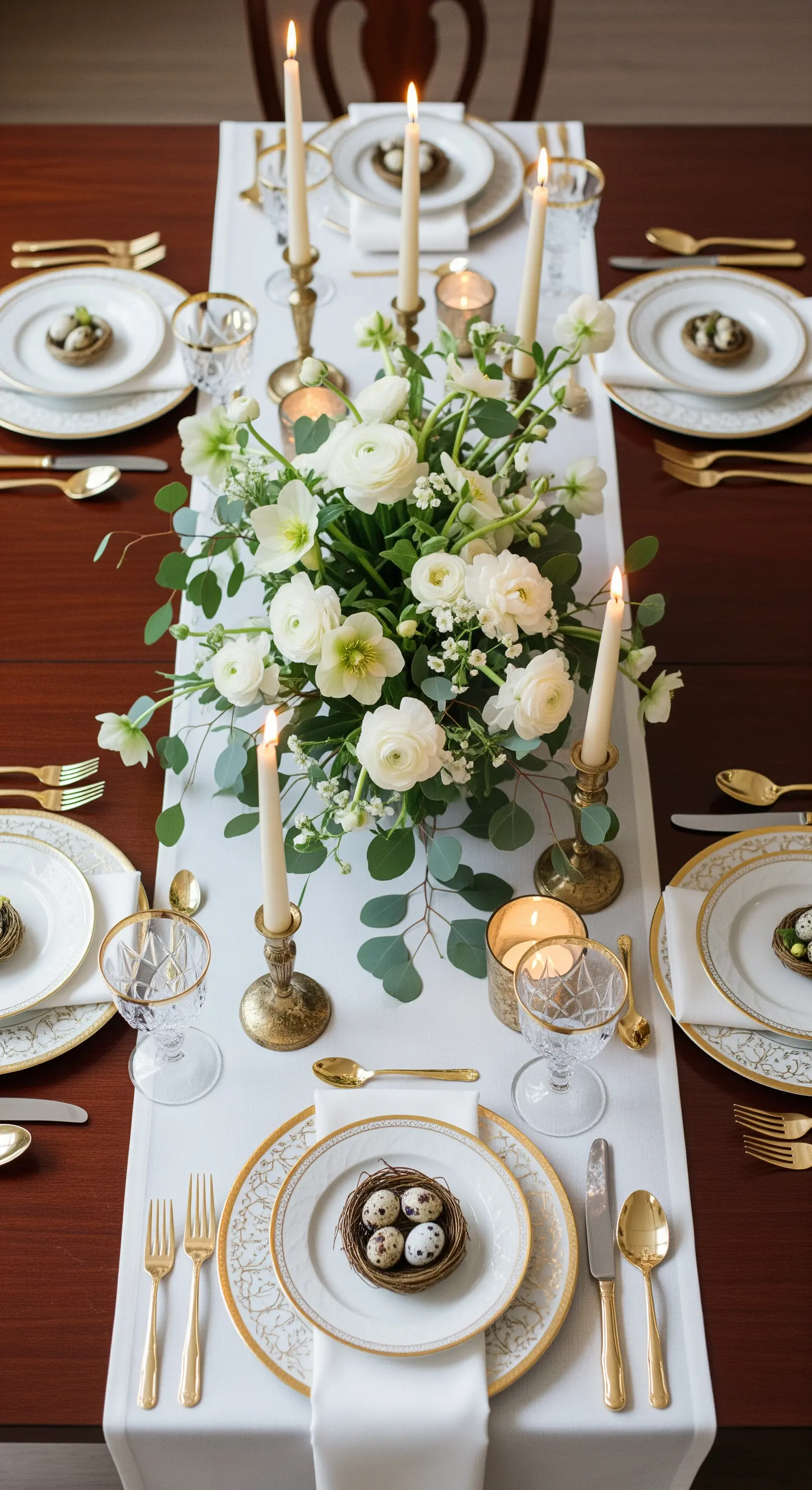 Tavola pasquale classica con runner bianco, posate dorate, candele e fiori bianchi al centro.