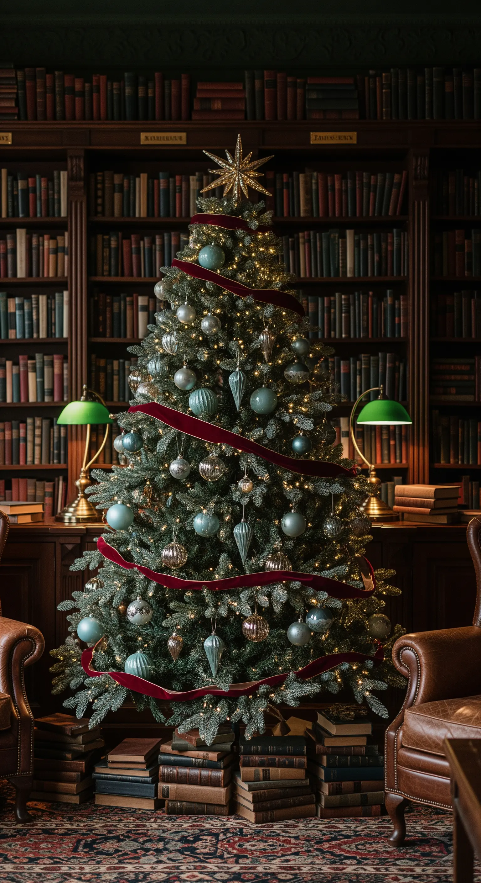 Albero di Natale in una libreria, con nastro bordeaux e palline argento e azzurre