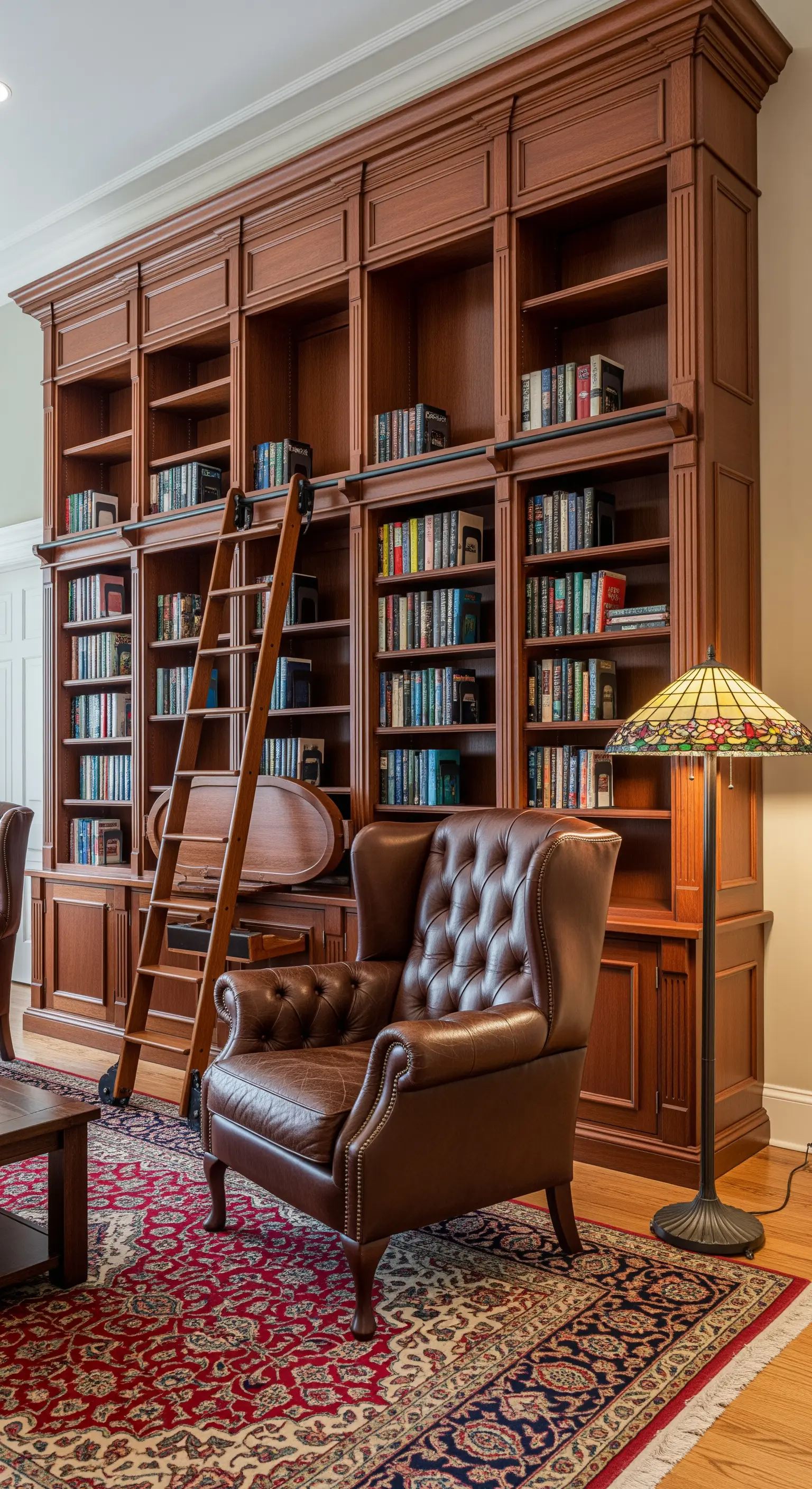 Grande libreria classica in legno con scala scorrevole e poltrona in pelle tufted.