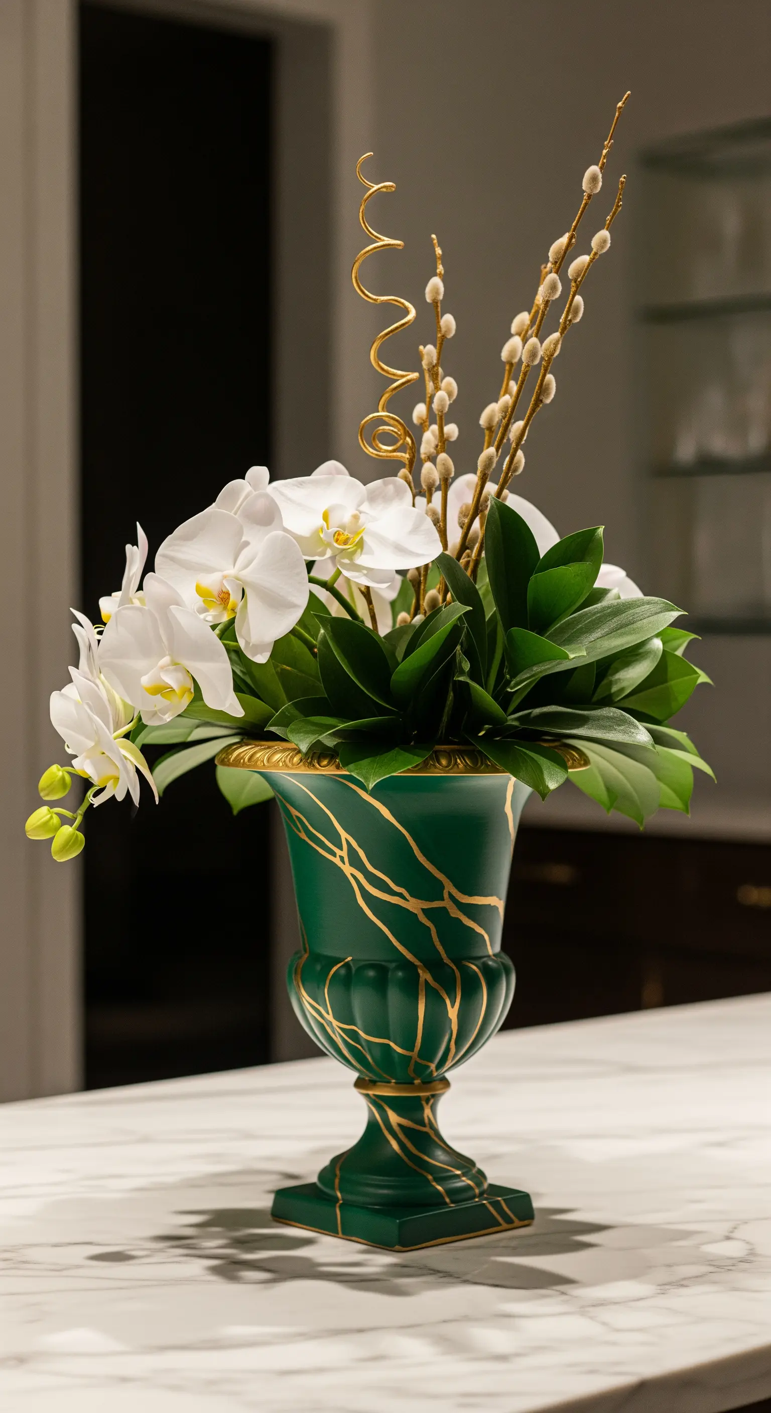 Vaso classico verde scuro con venature dorate, riempito con orchidee bianche e foglie lucide.