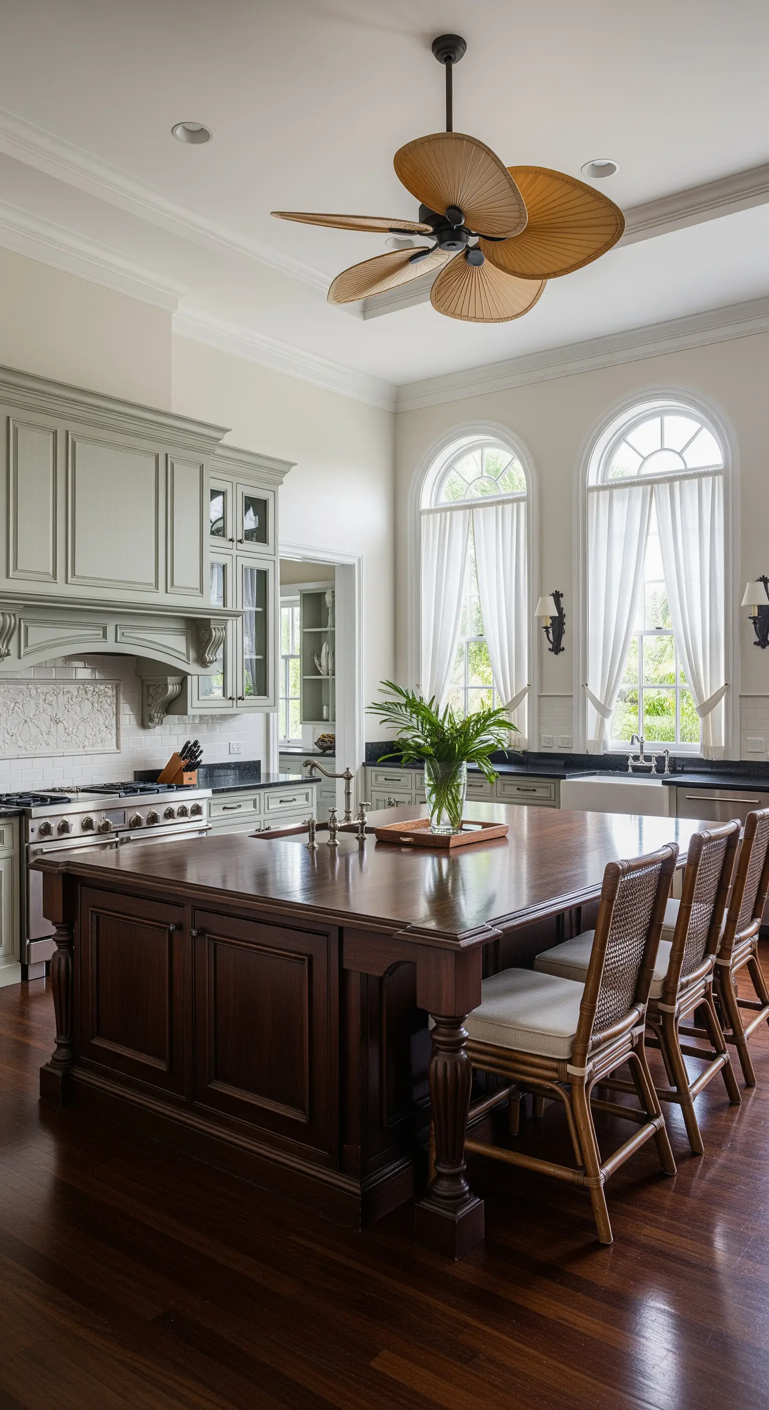 Cucina in stile coloniale con grande isola in legno scuro e sedie in rattan.