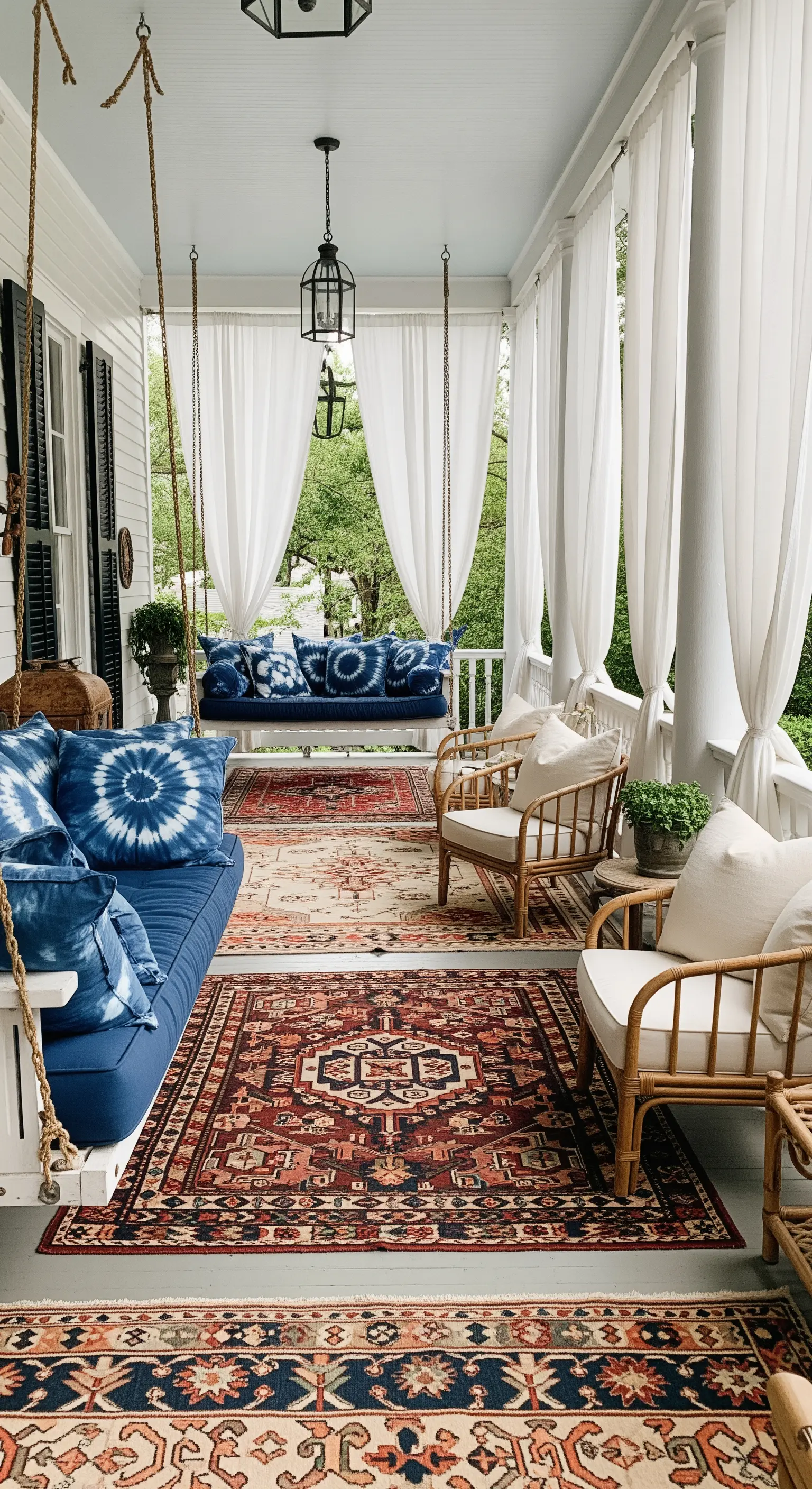 Grande portico in stile coloniale con divani a dondolo, tappeti sovrapposti e tende bianche.