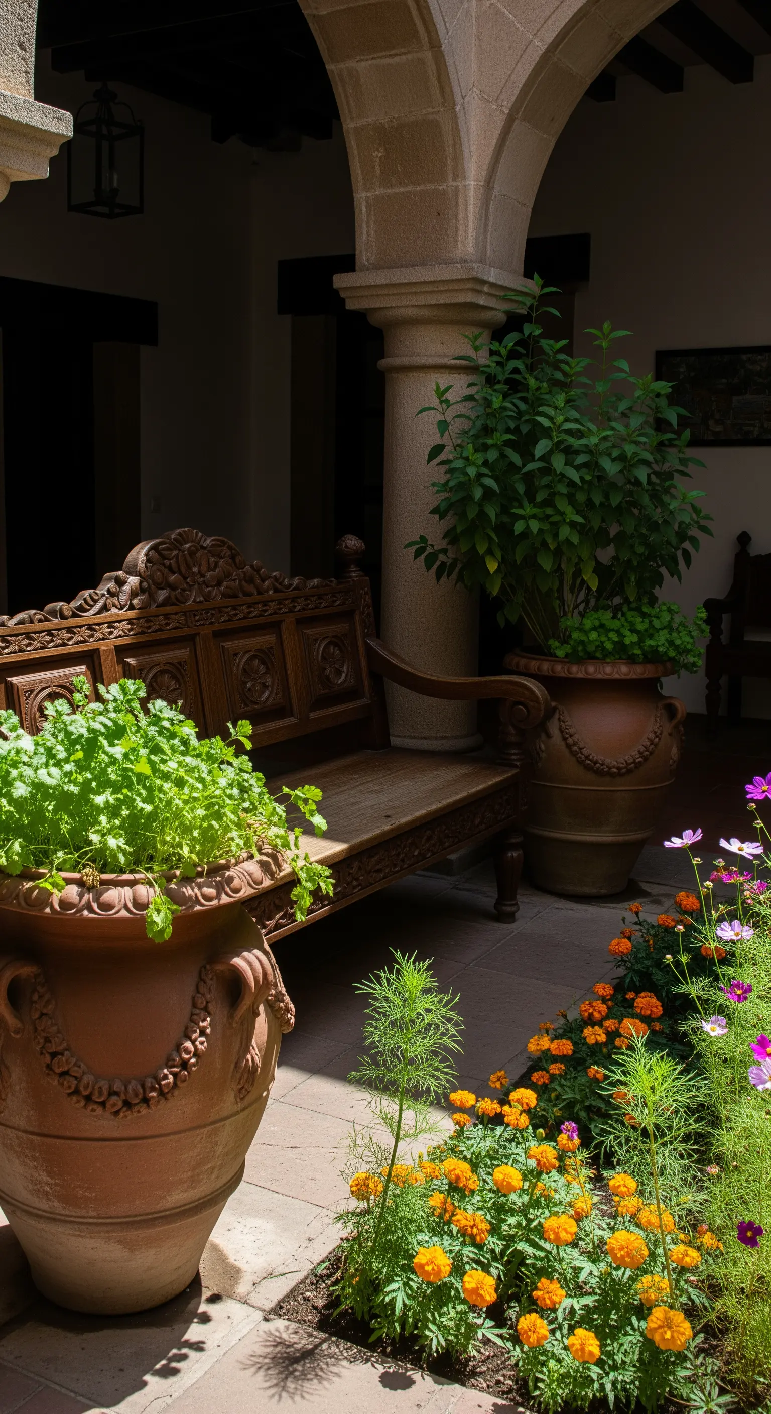 Panca in legno scuro intagliato in un patio coloniale con grandi vasi e archi in pietra.