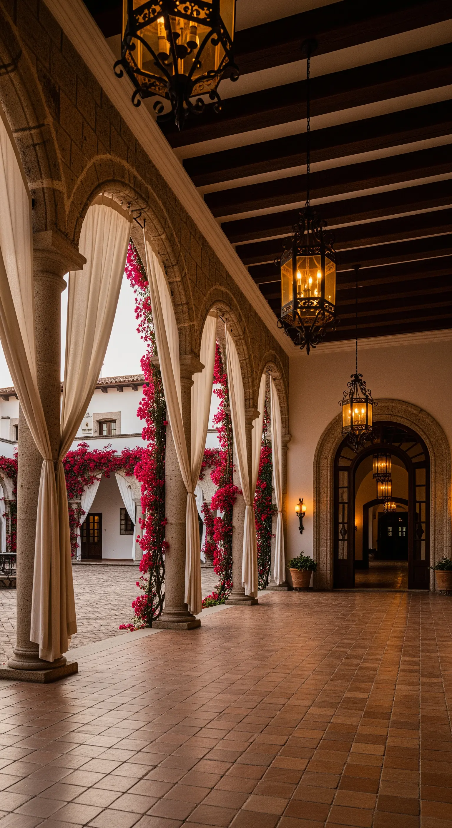 Porticato in stile spagnolo con archi, tende avorio e bouganville rampicante.