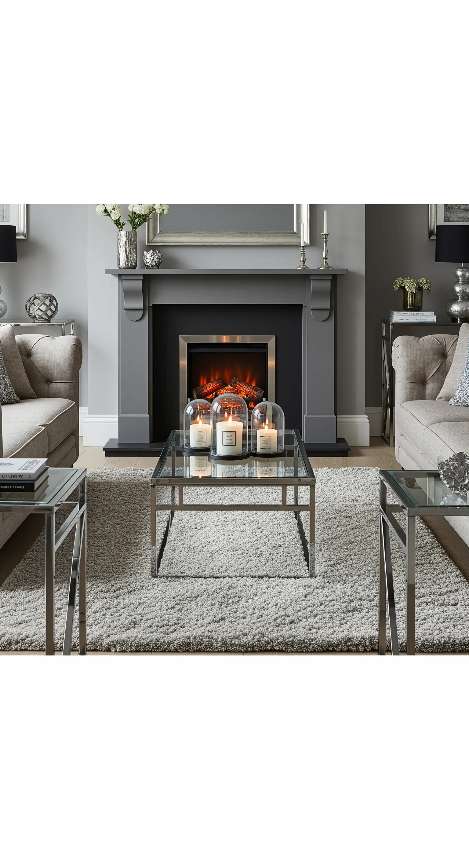 Soggiorno contemporaneo con divani grigi, camino e tavolini in vetro e cromo.