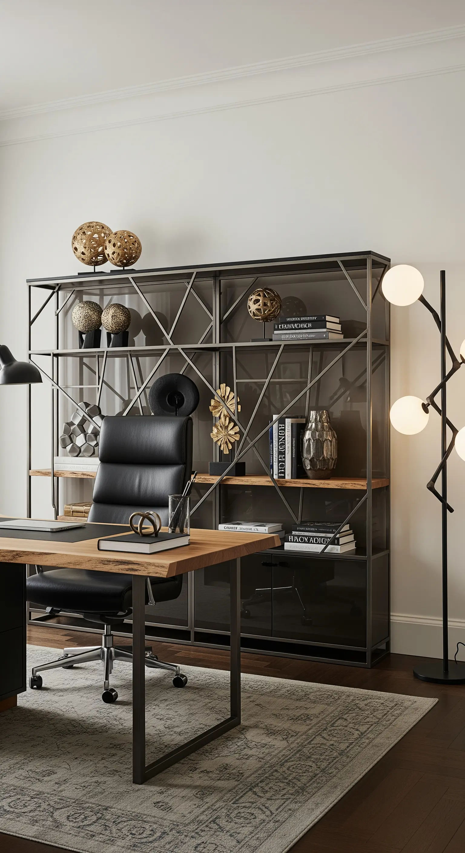 Ufficio direzionale con libreria in metallo canna di fucile, vetro fumé e ripiani in legno.