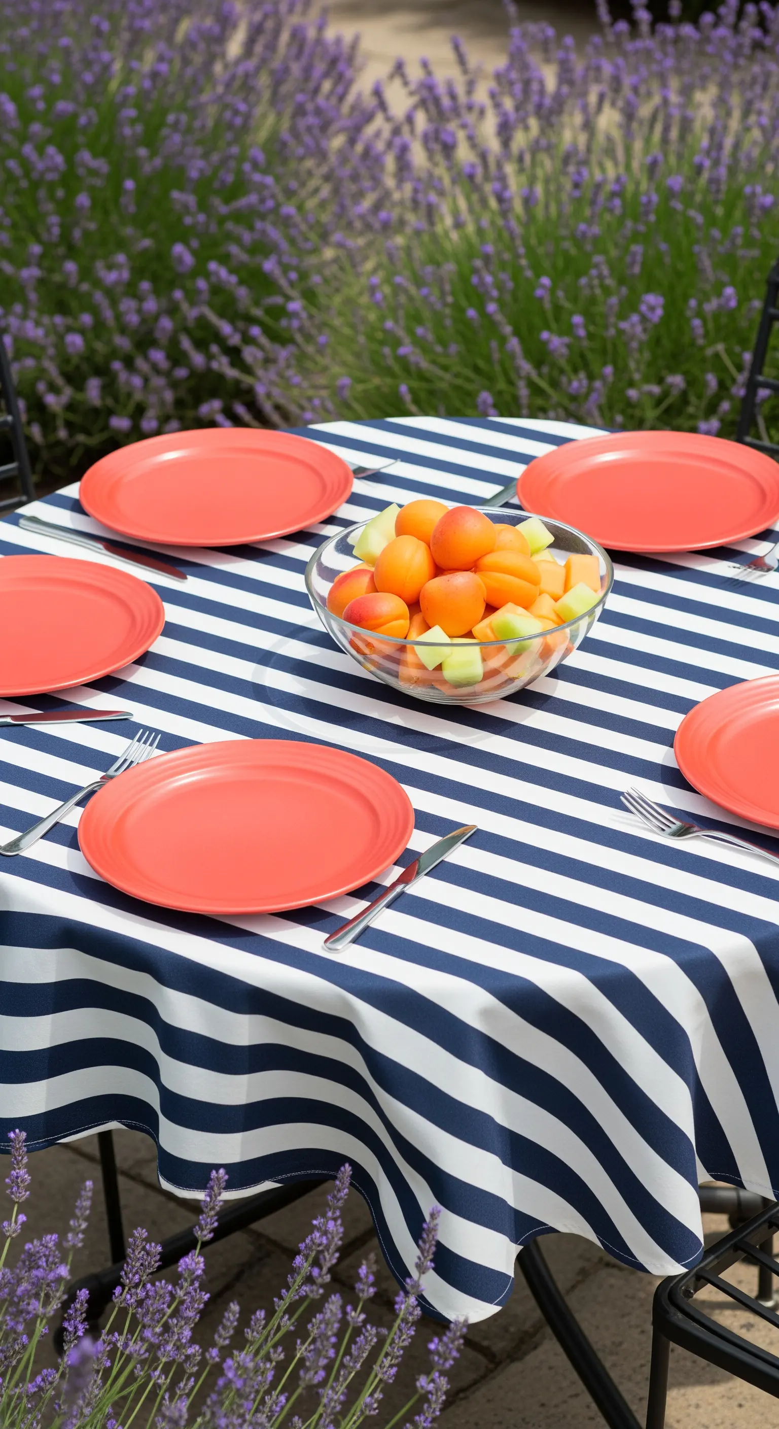Tavola da giardino con tovaglia a righe navy e piatti color corallo vicino a fiori di lavanda.