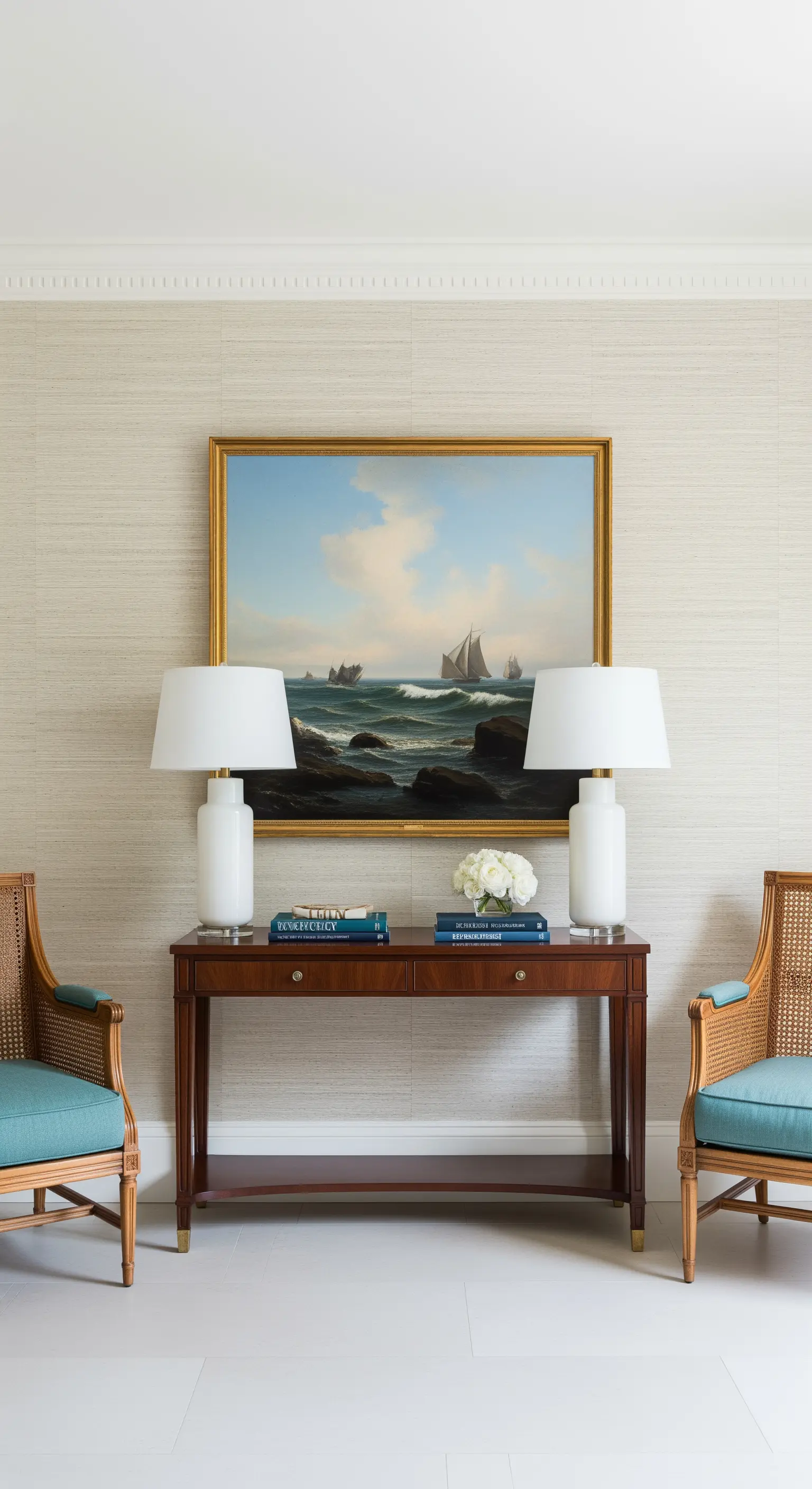 Consolle in legno scuro affiancata da due sedie in rattan con cuscini verde acqua.