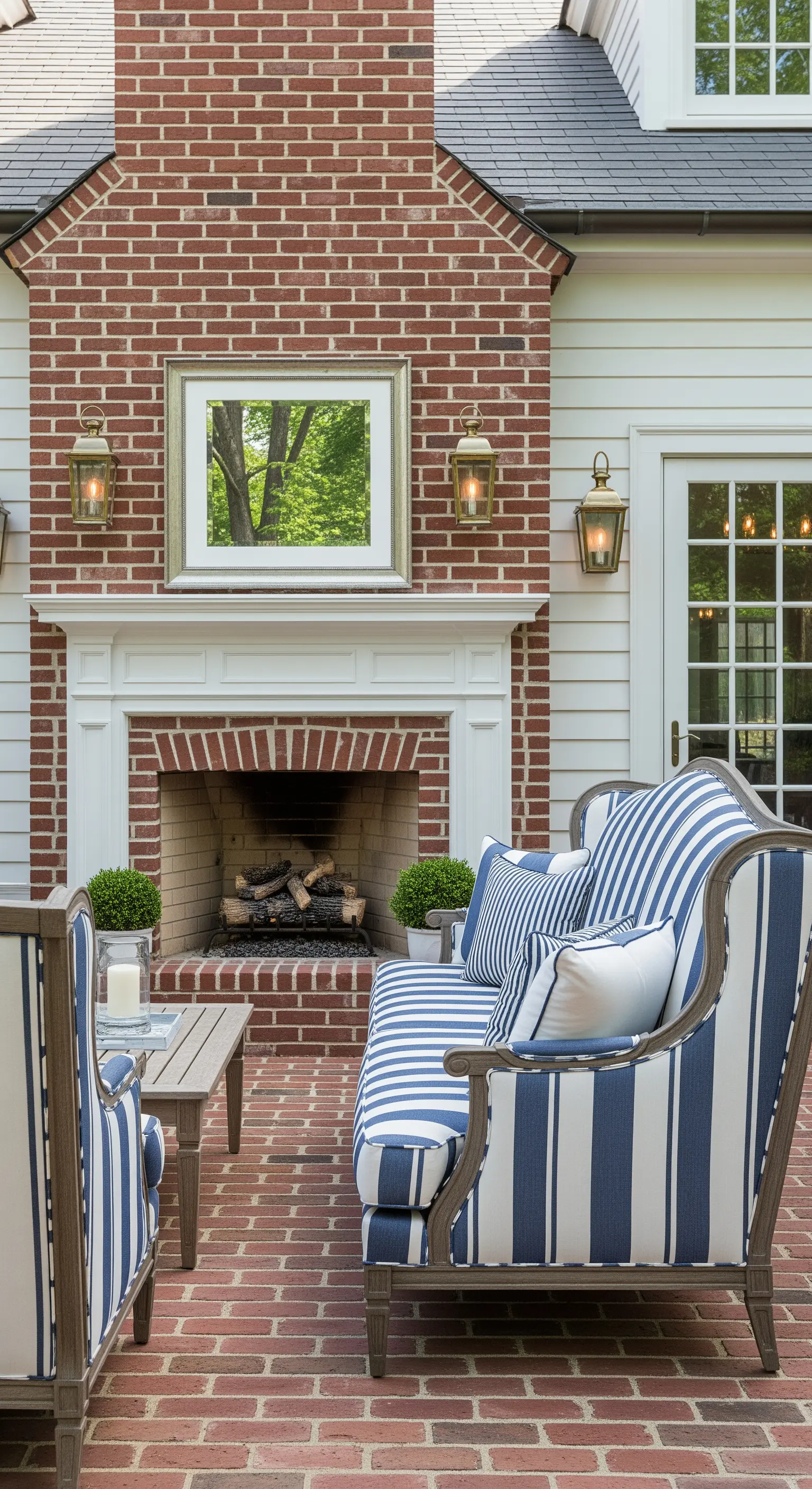 Patio con camino in mattoni, divani a righe bianche e blu e lanterne classiche in ottone.