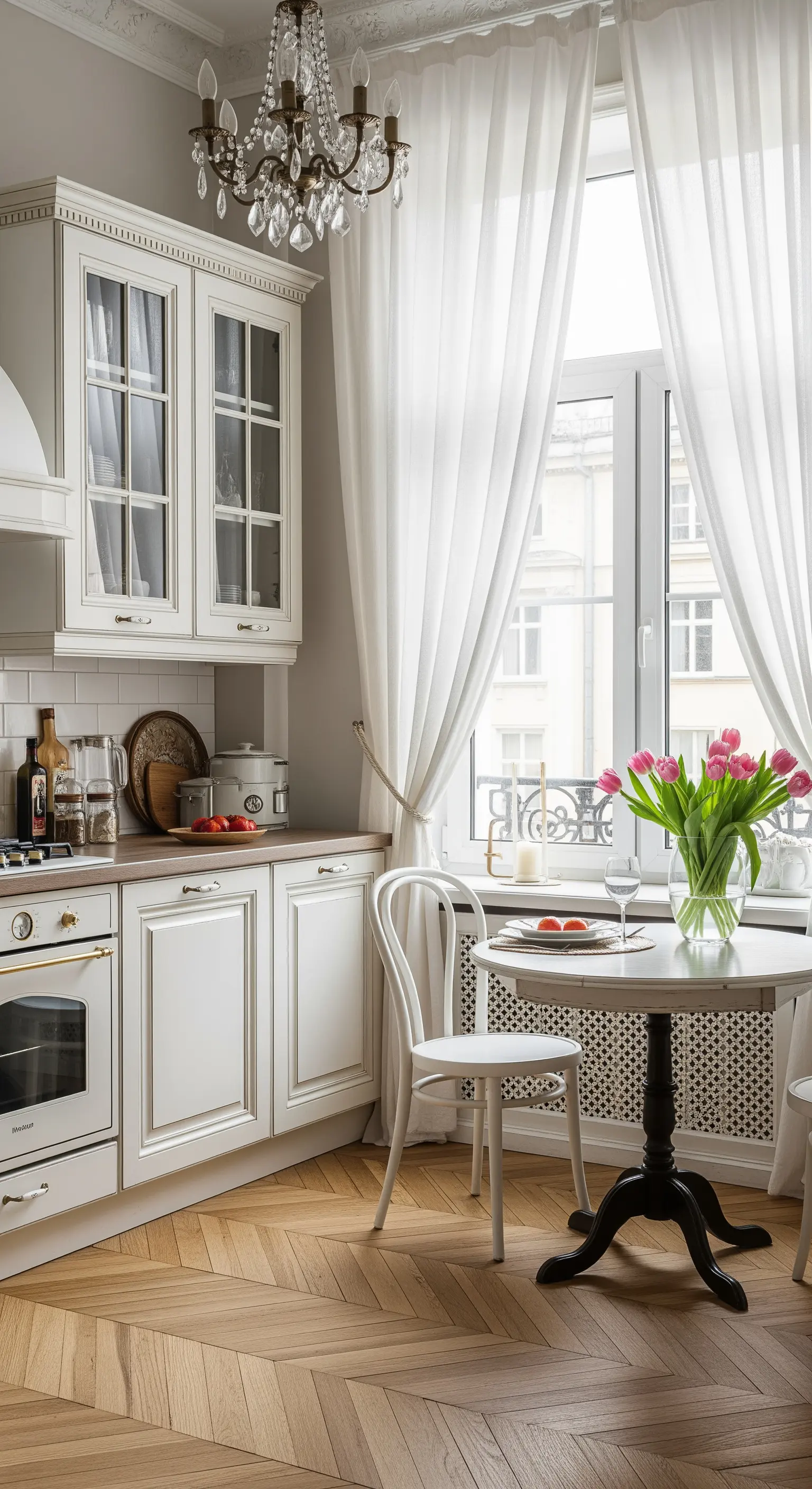 Cucina shabby bianca con lampadario di cristallo e parquet a spina di pesce.