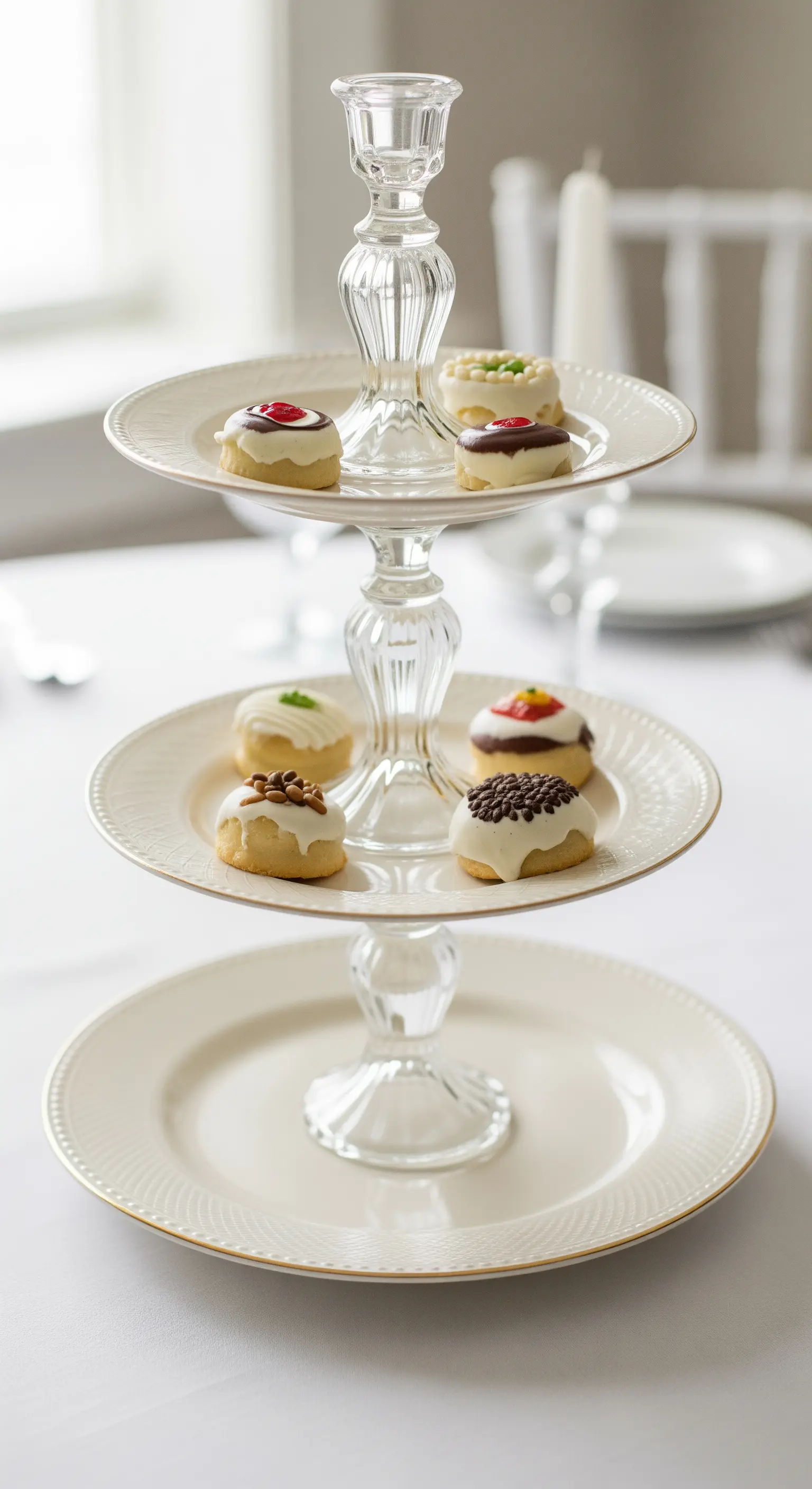 Alzata a tre piani realizzata con piatti bianchi e portacandele in cristallo trasparente