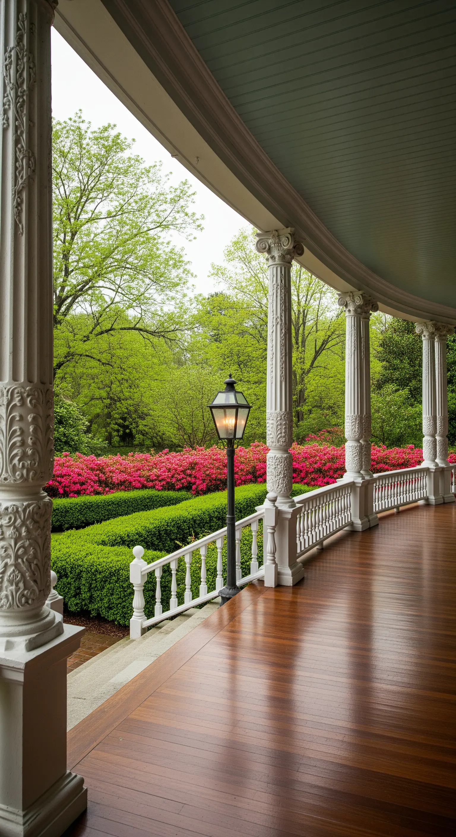 Portico curvo con colonne bianche, pavimento in legno e una siepe di azalee fucsia.